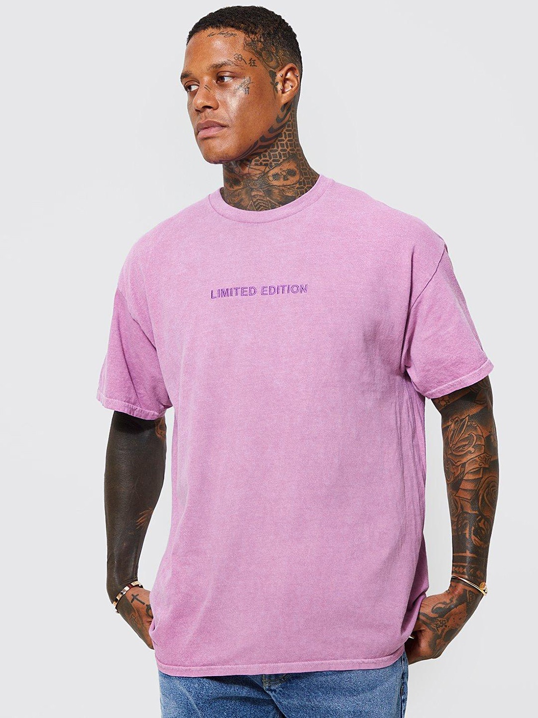 

boohooMAN Embroidered Detail Pure Cotton T-shirt, Pink