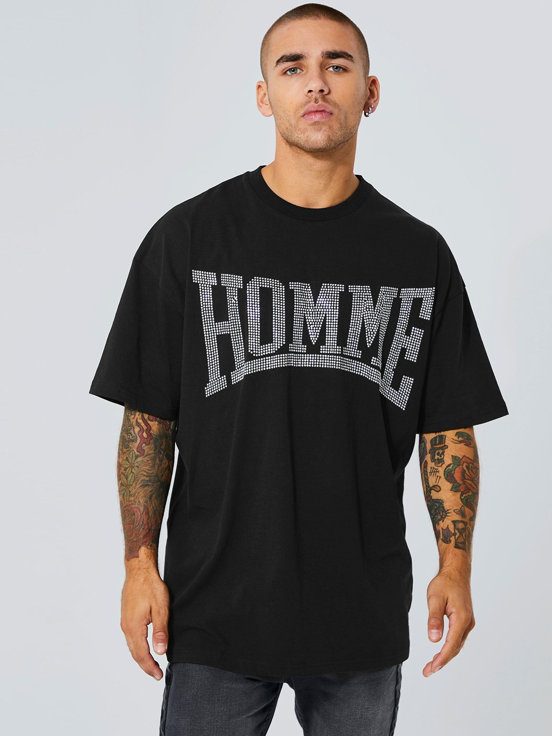 

boohooMAN Typography Embellished Pure Cotton Oversized T-shirt, Black
