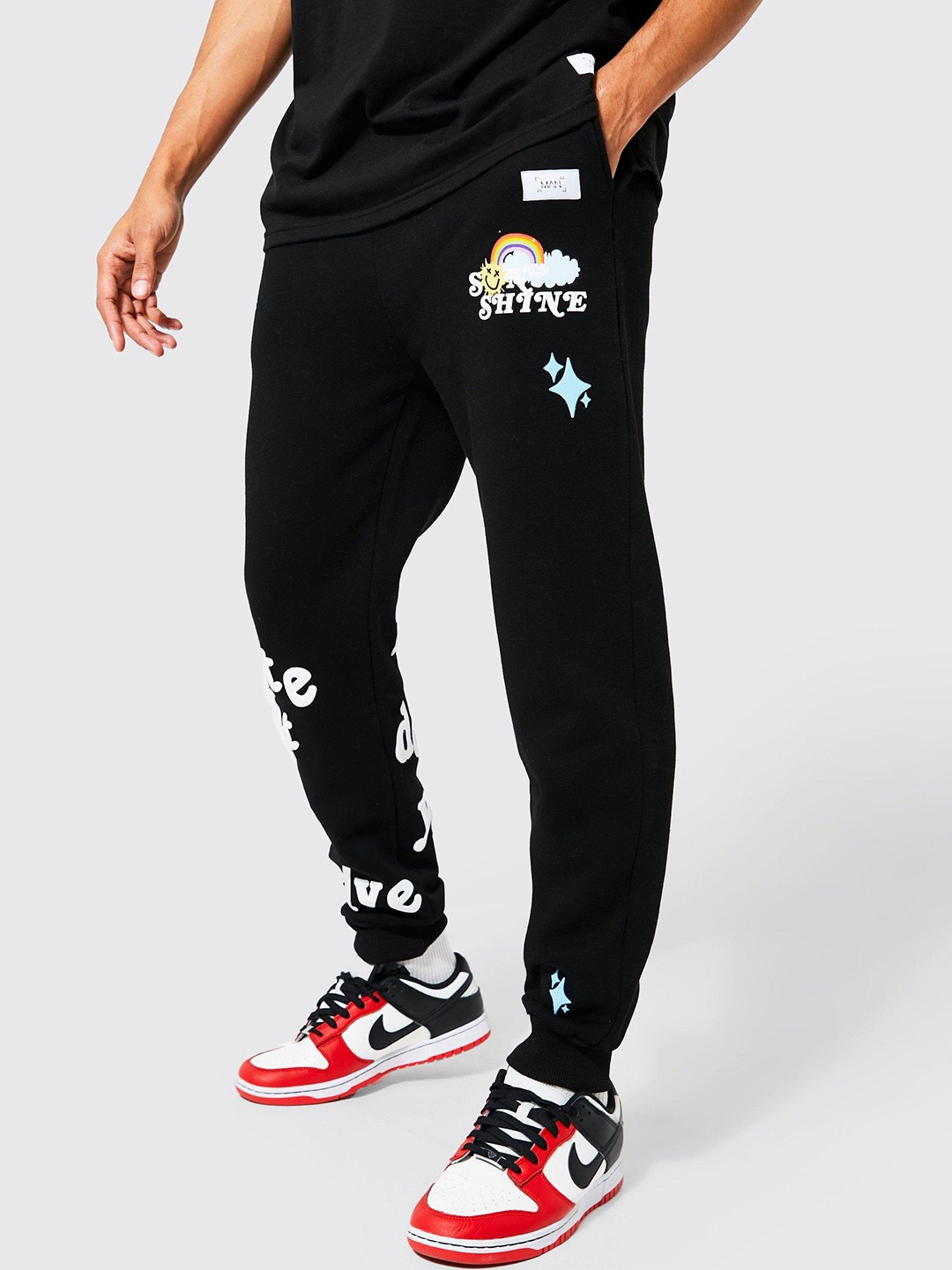 

boohooMAN Regular Fit Wellness Graphic Joggers, Black