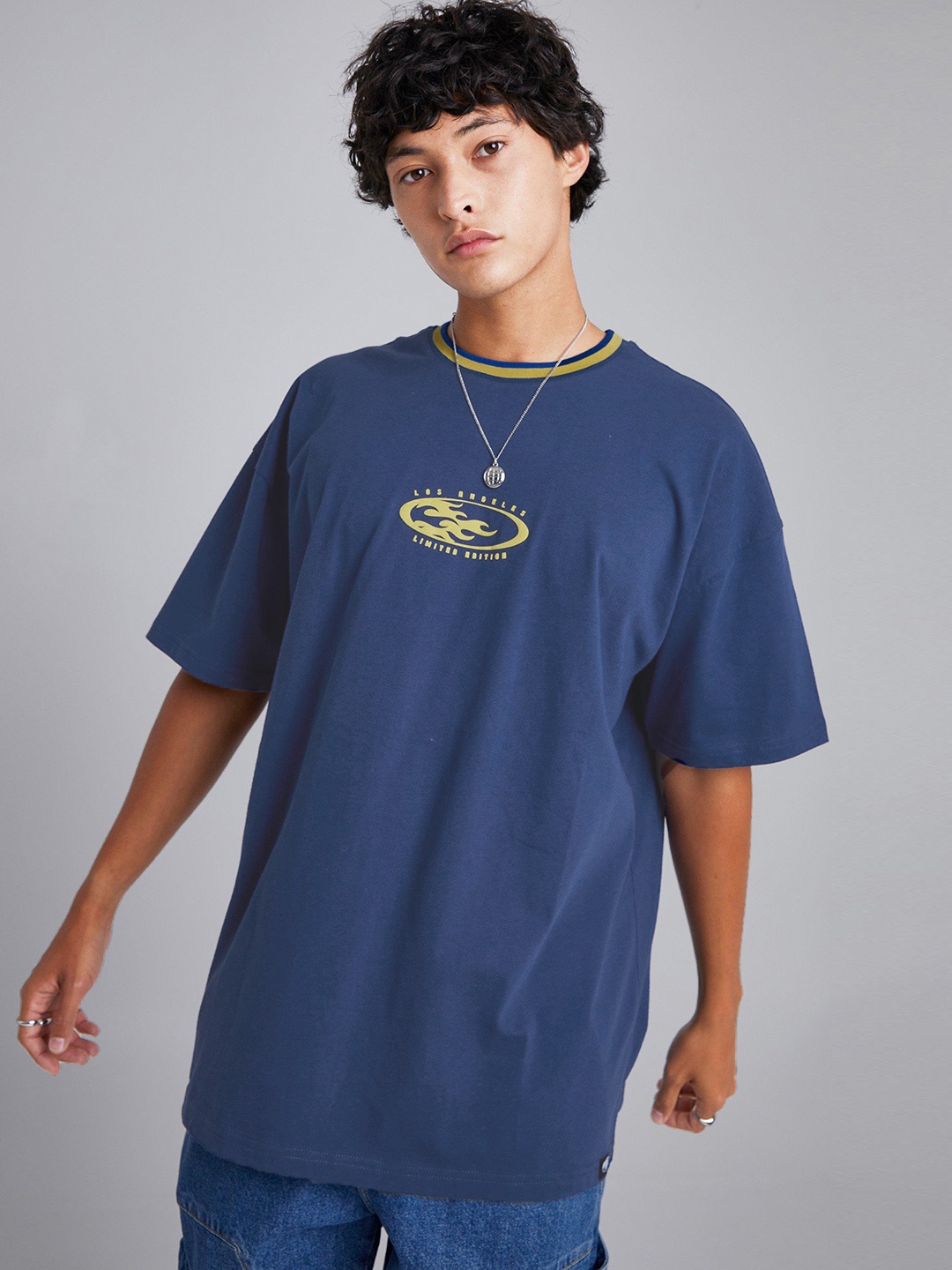 

boohooMAN Printed Pure Cotton Oversized T-shirt, Blue