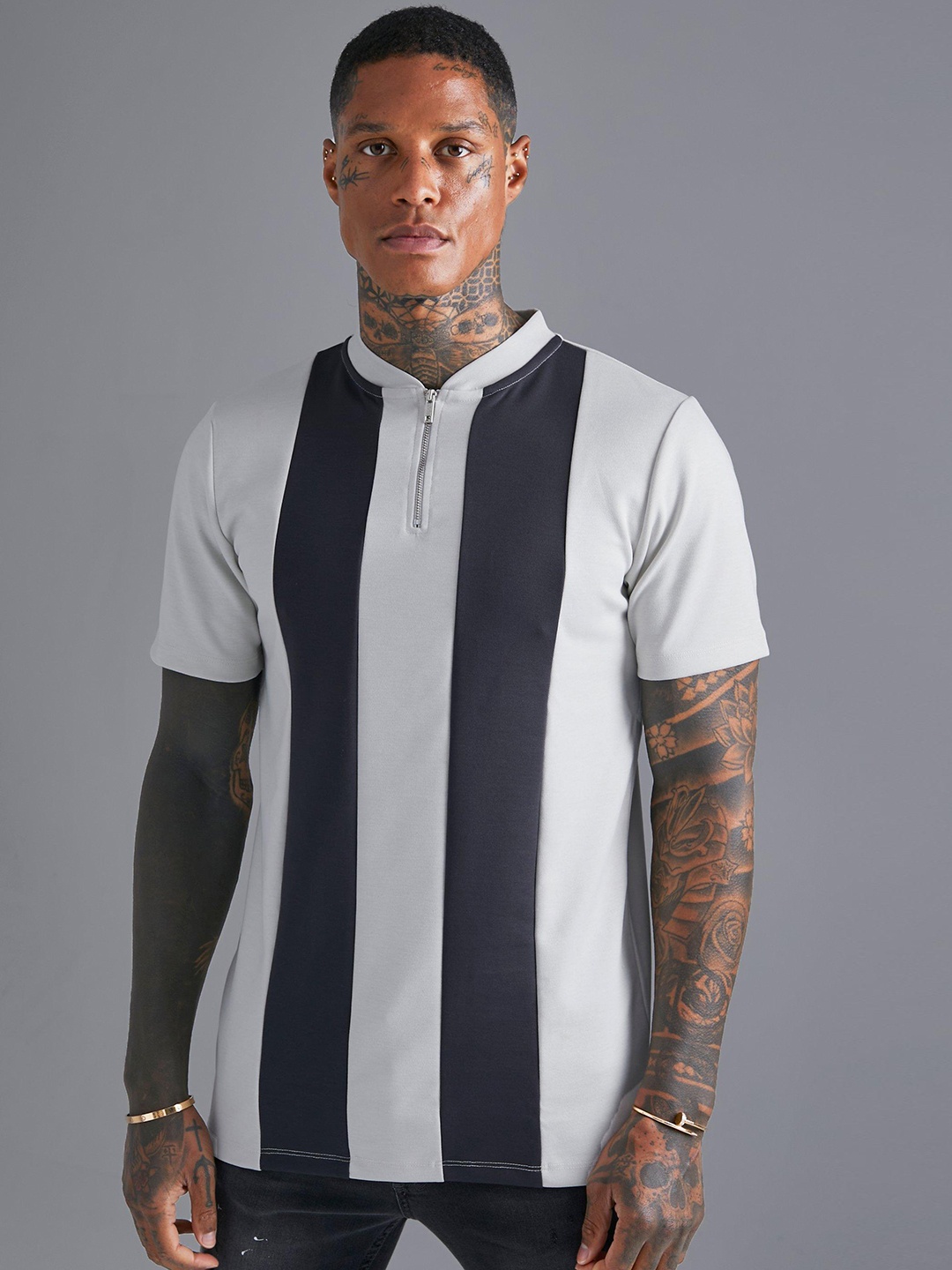 

boohooMAN Striped Henley Neck Pure Cotton Slim Fit T-shirt, White