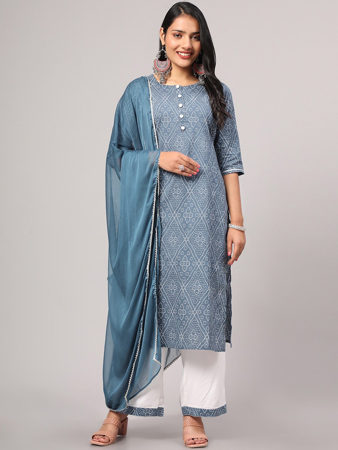 

V TRADITION Ethnic Motifs Printed Kurta With Palazzos & With Dupatta, Blue