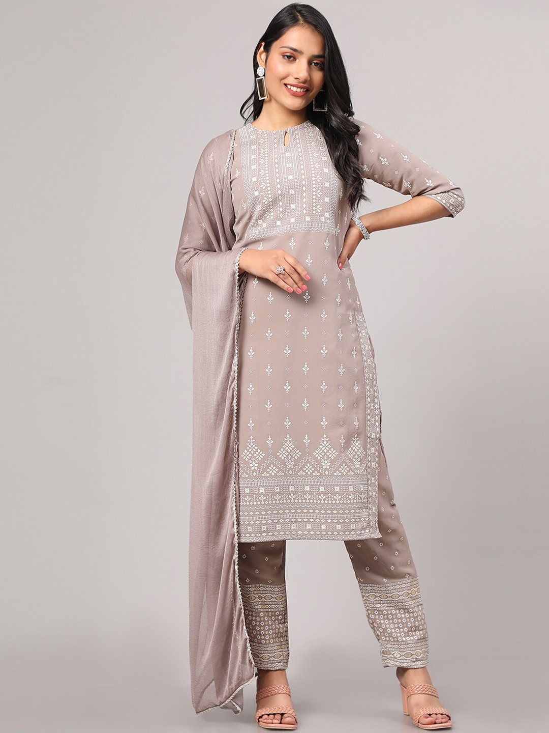 

V TRADITION Ethnic Motifs Printed Keyhole Neck Kurta with Trousers & With Dupatta, Grey