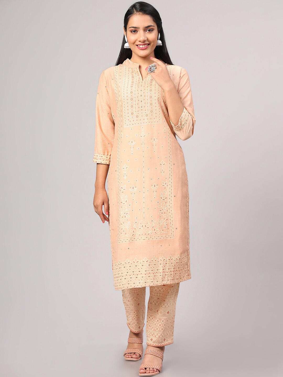 

V TRADITION Ethnic Motifs Mandarin Collar Printed Kurta with Trousers, Pink