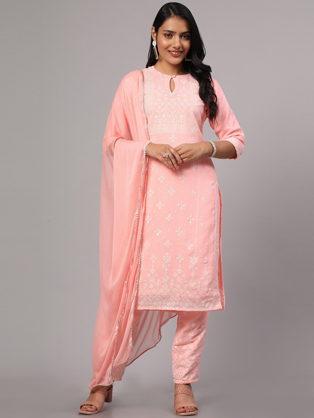 

V TRADITION Printed Keyhole Neck Straight Kurta with Trousers & With Dupatta, Pink