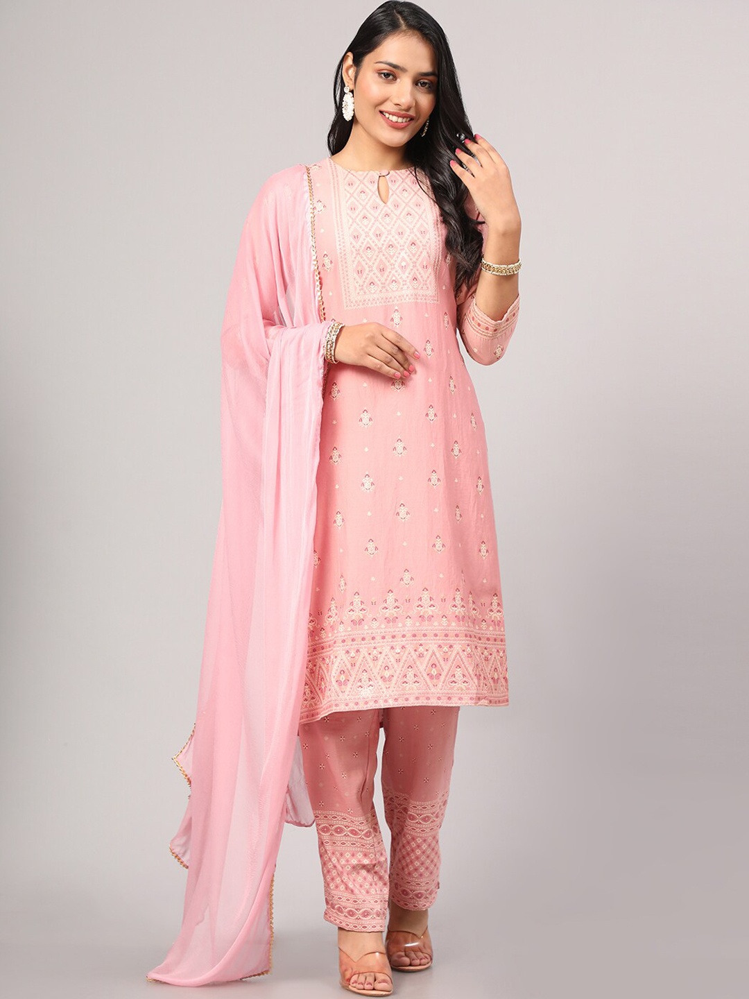 

V TRADITION Printed Keyhole Neck Straight Kurta with Trousers & With Dupatta, Pink