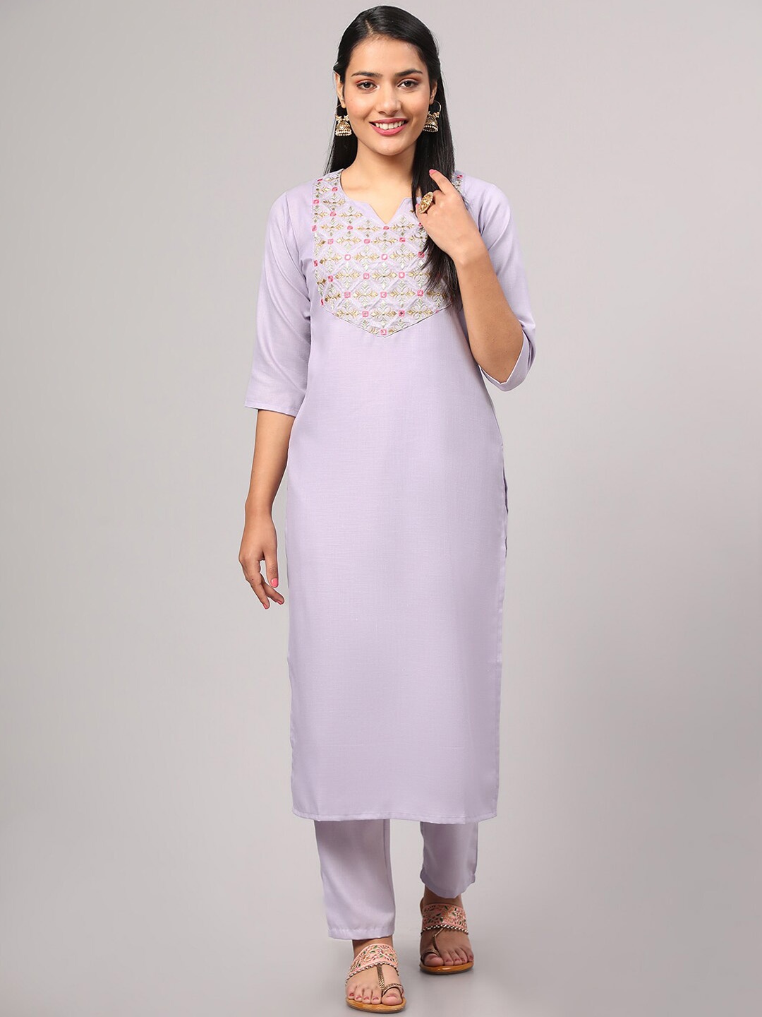 

V TRADITION Embroidered Notched Collar Straight Kurta with Trousers, Purple