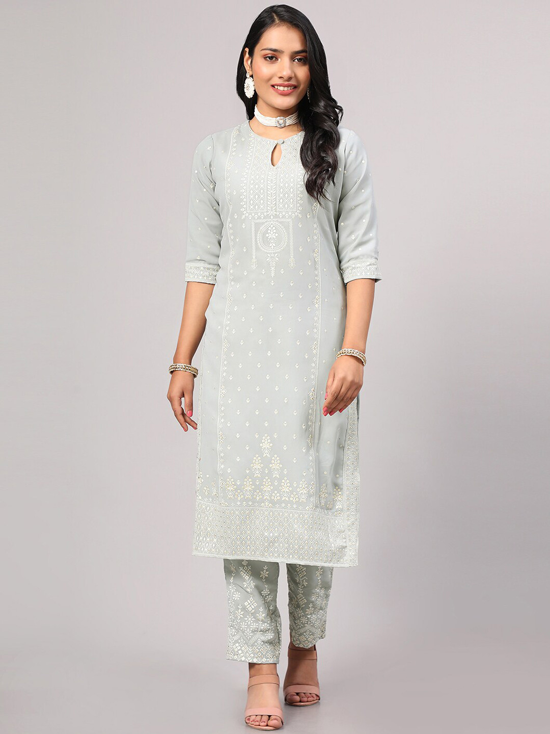 

V TRADITION Printed Georgette Keyhole Neck Straight Kurta with Trousers, Sea green