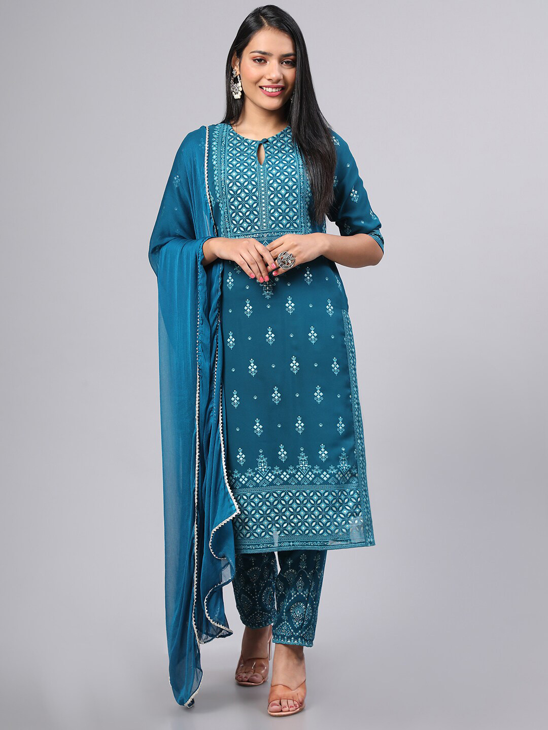 

V TRADITION Printed Kurta with Trousers & With Dupatta, Blue