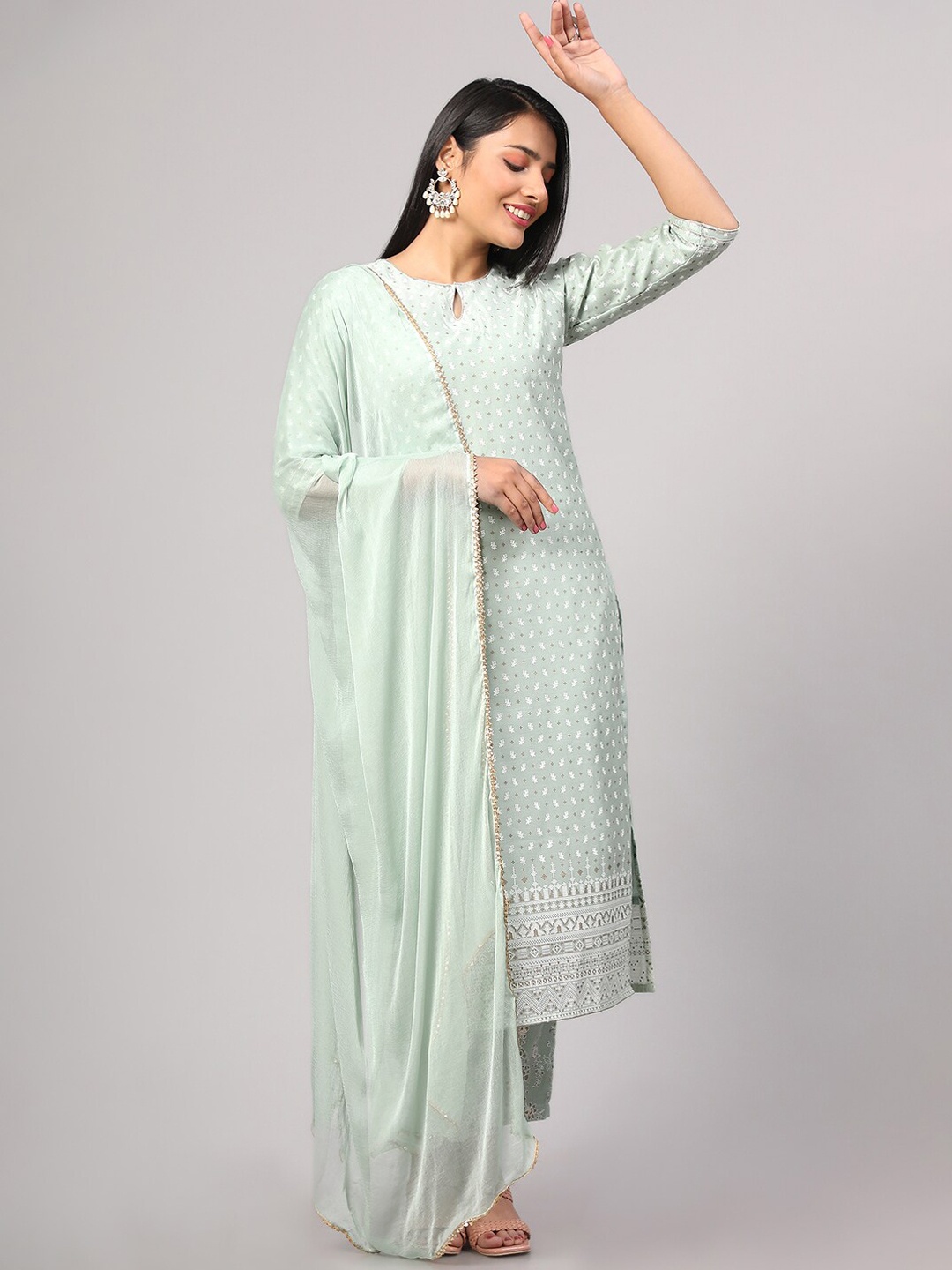 

V TRADITION Printed Kurta with Trousers & With Dupatta, Green