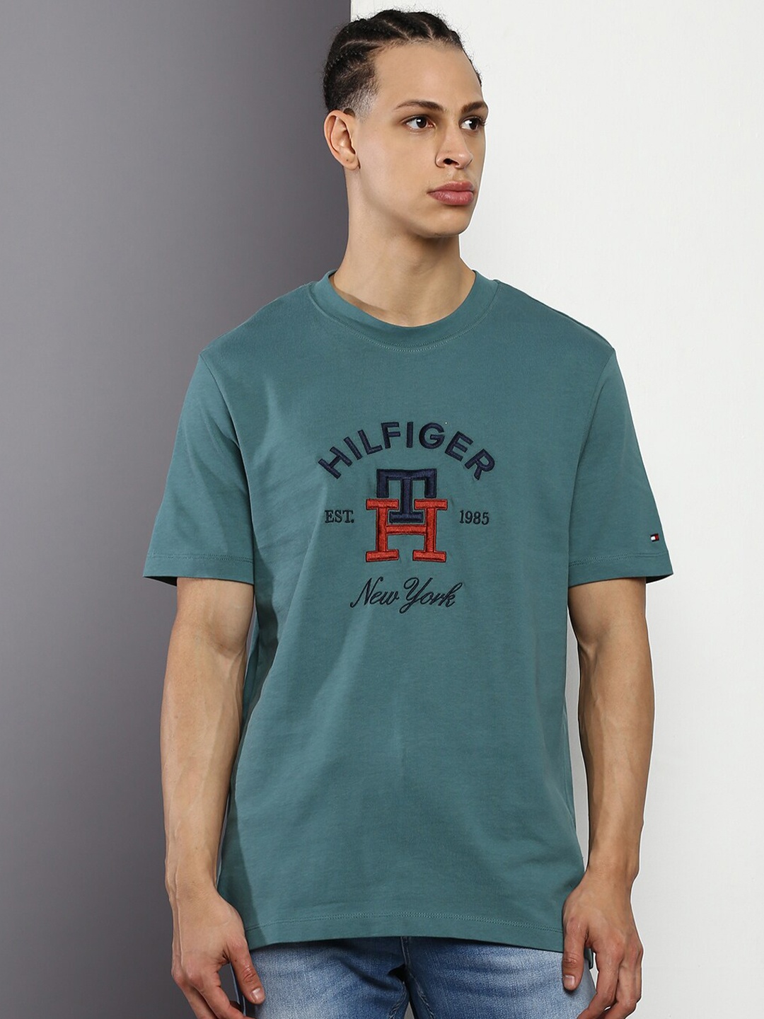 

Tommy Hilfiger Typography Printed Cotton T-shirt, Teal