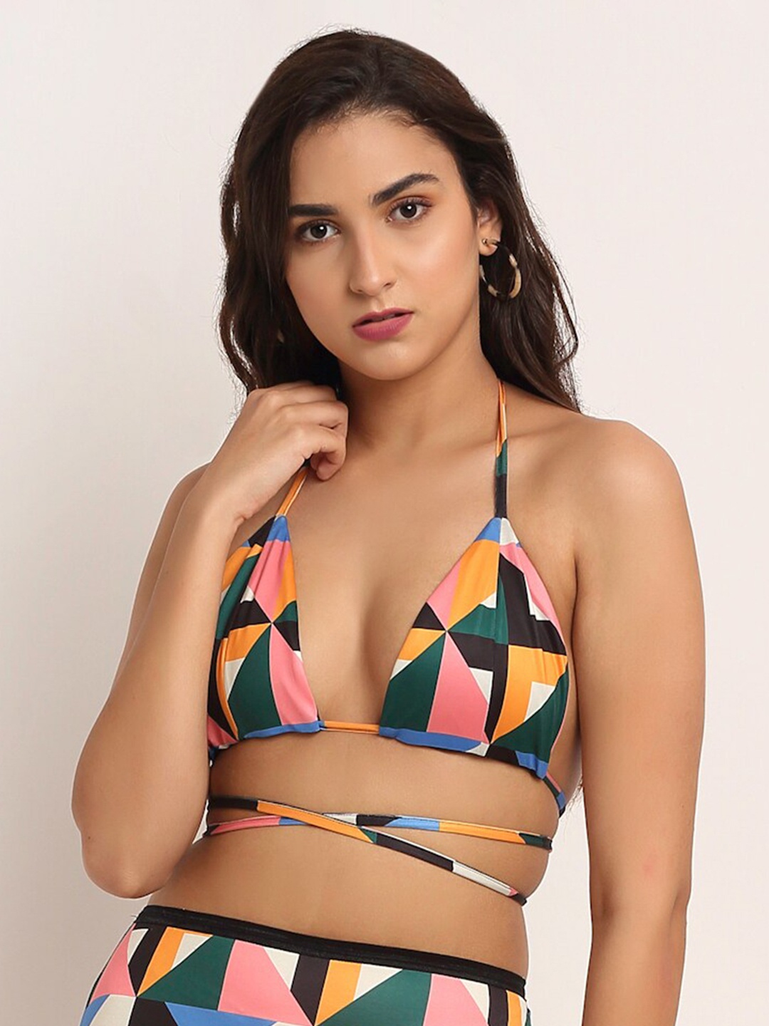 

EROTISSCH Printed Halter Neck Waist Tie-Up Swim Top, Black