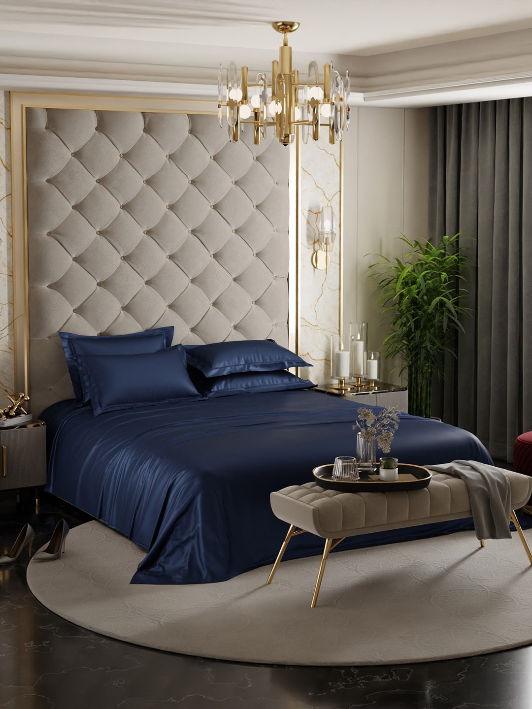 

Stoa Paris Date Night Collection Navy Blue 300TC King Satin Bedsheet with 4 Pillow Covers