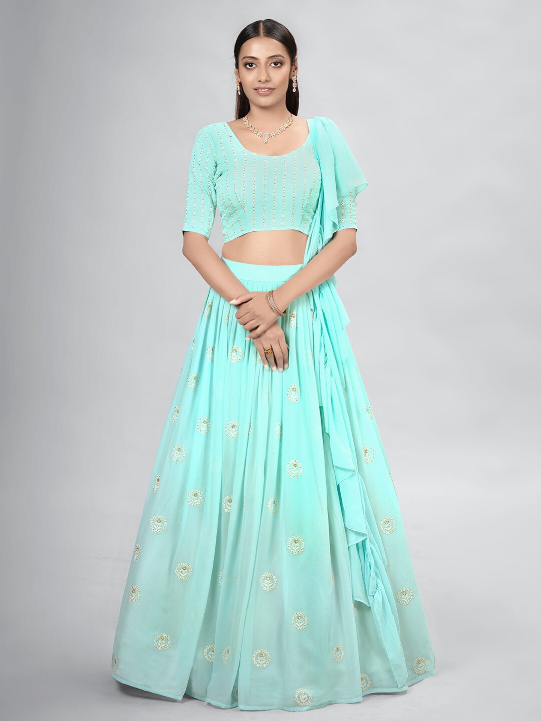 

DRESSTIVE Embroidered Sequinned Semi-Stitched Lehenga & Unstitched Blouse With Dupatta, Turquoise blue