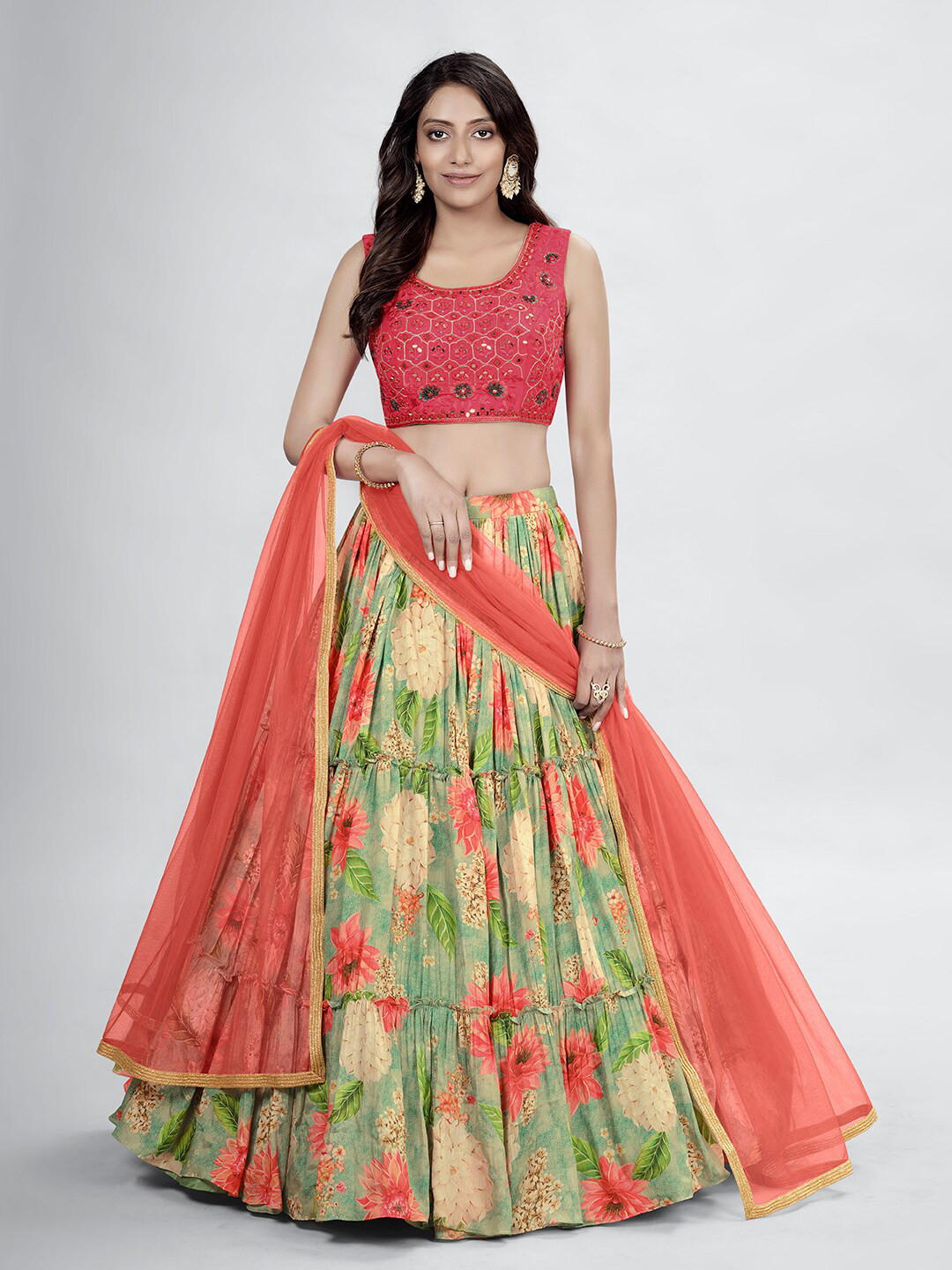 

DRESSTIVE Embroidered Semi-Stitched Lehenga & Unstitched Blouse With Dupatta, Green