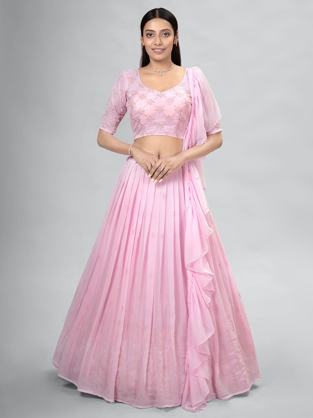 

DRESSTIVE Embellished Semi-Stitched Lehenga & Unstitched Blouse With Dupatta, Pink
