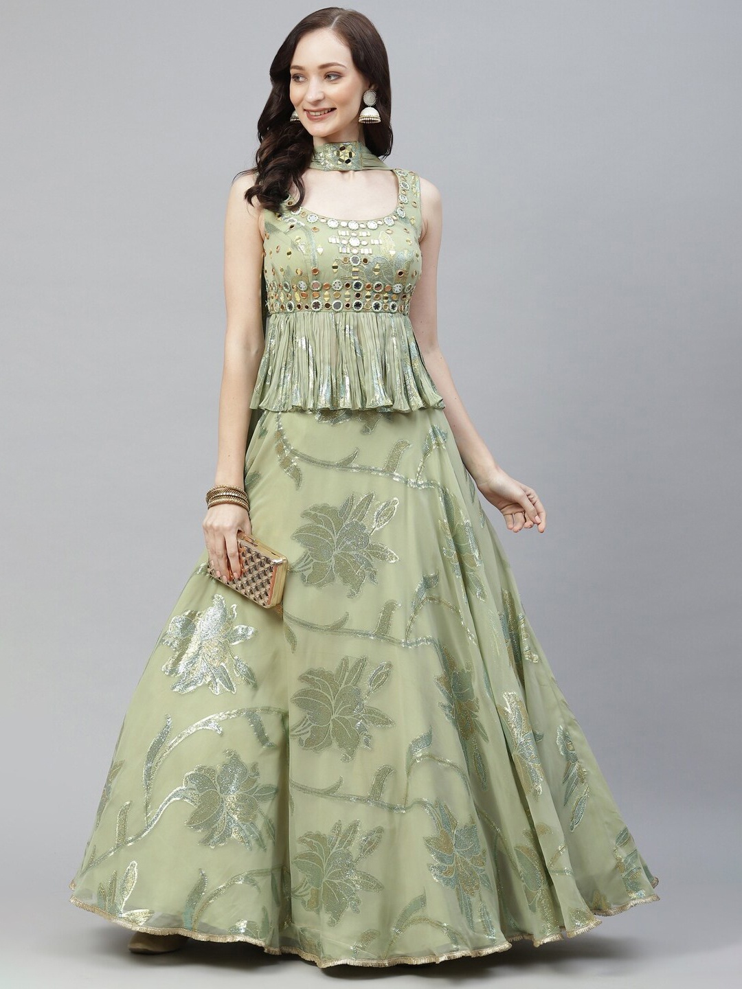 

DRESSTIVE Embellished Mirror Work Semi-Stitched Lehenga & Unstitched Blouse With Dupatta, Green