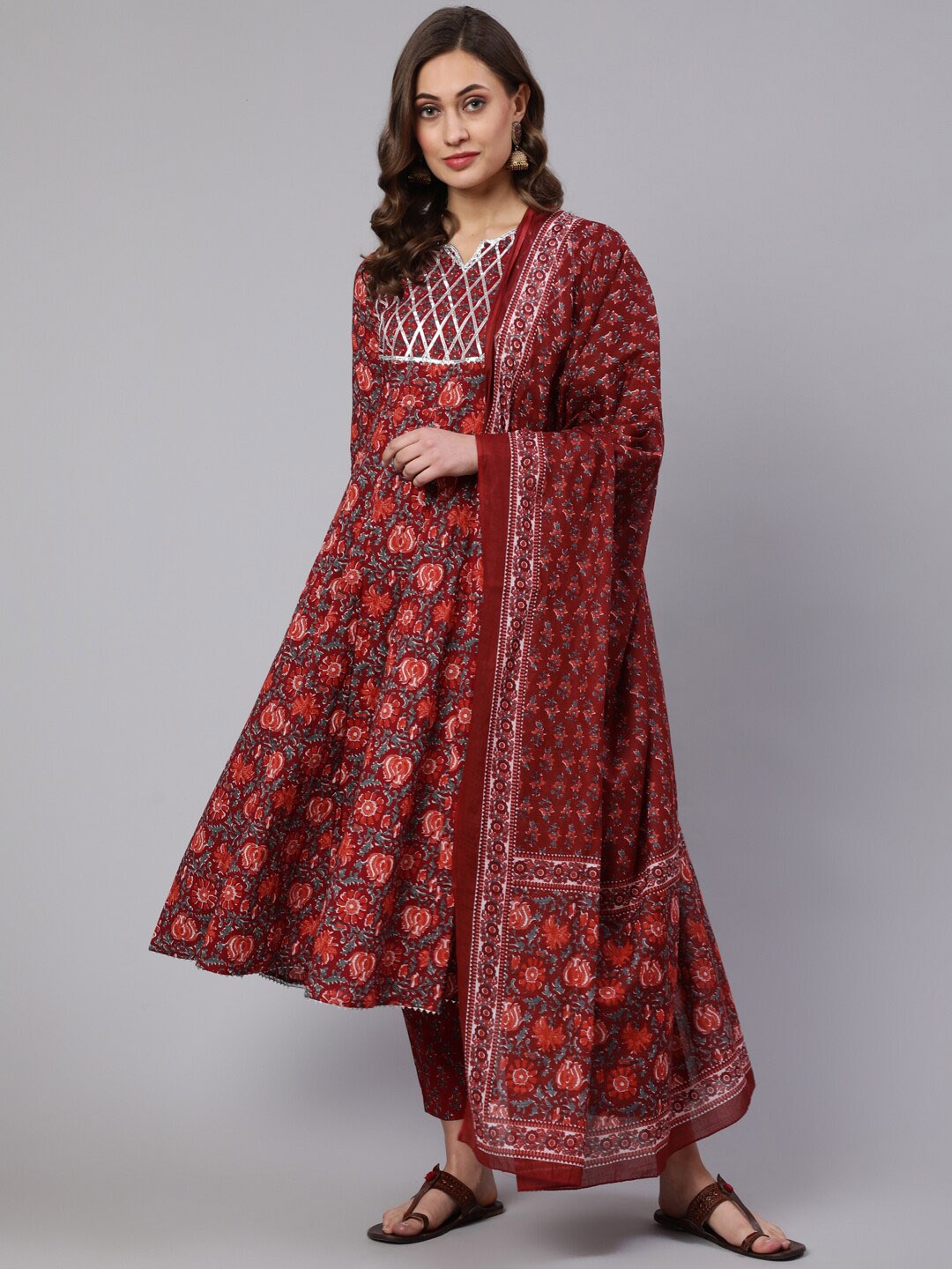 

THE NKS PLUS Floral Printed Pure Cotton Kurta with Trousers & With Dupatta, Maroon