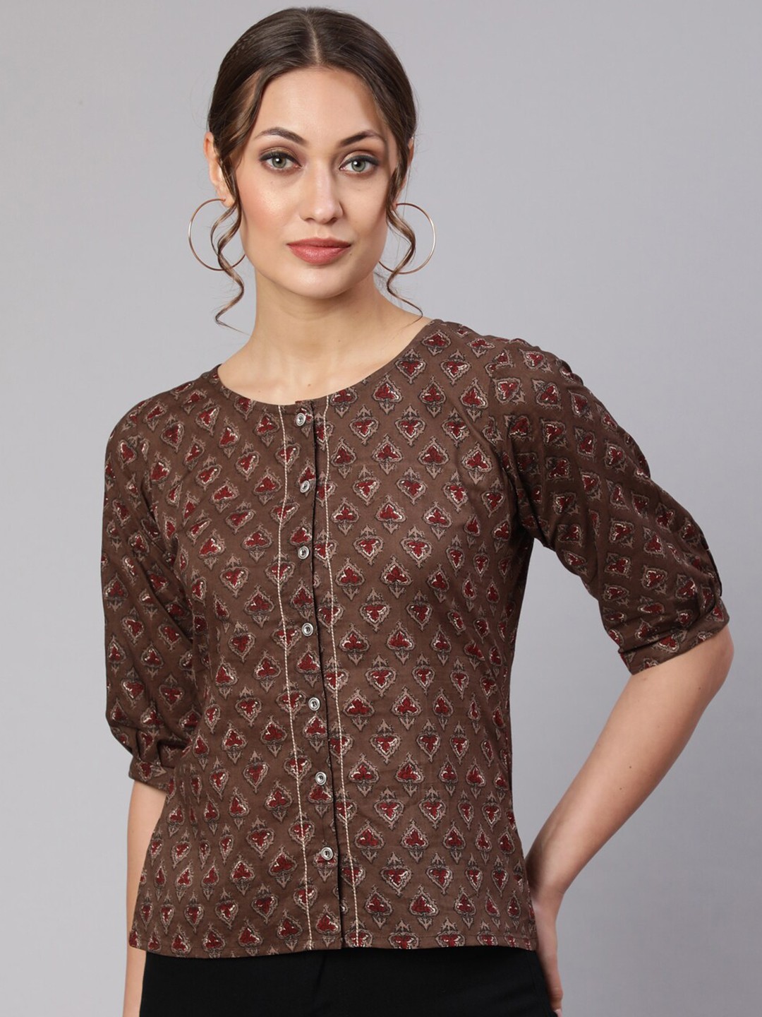 

THE NKS PLUS Floral Print Boat Neck Puff Sleeves Cotton Top, Brown