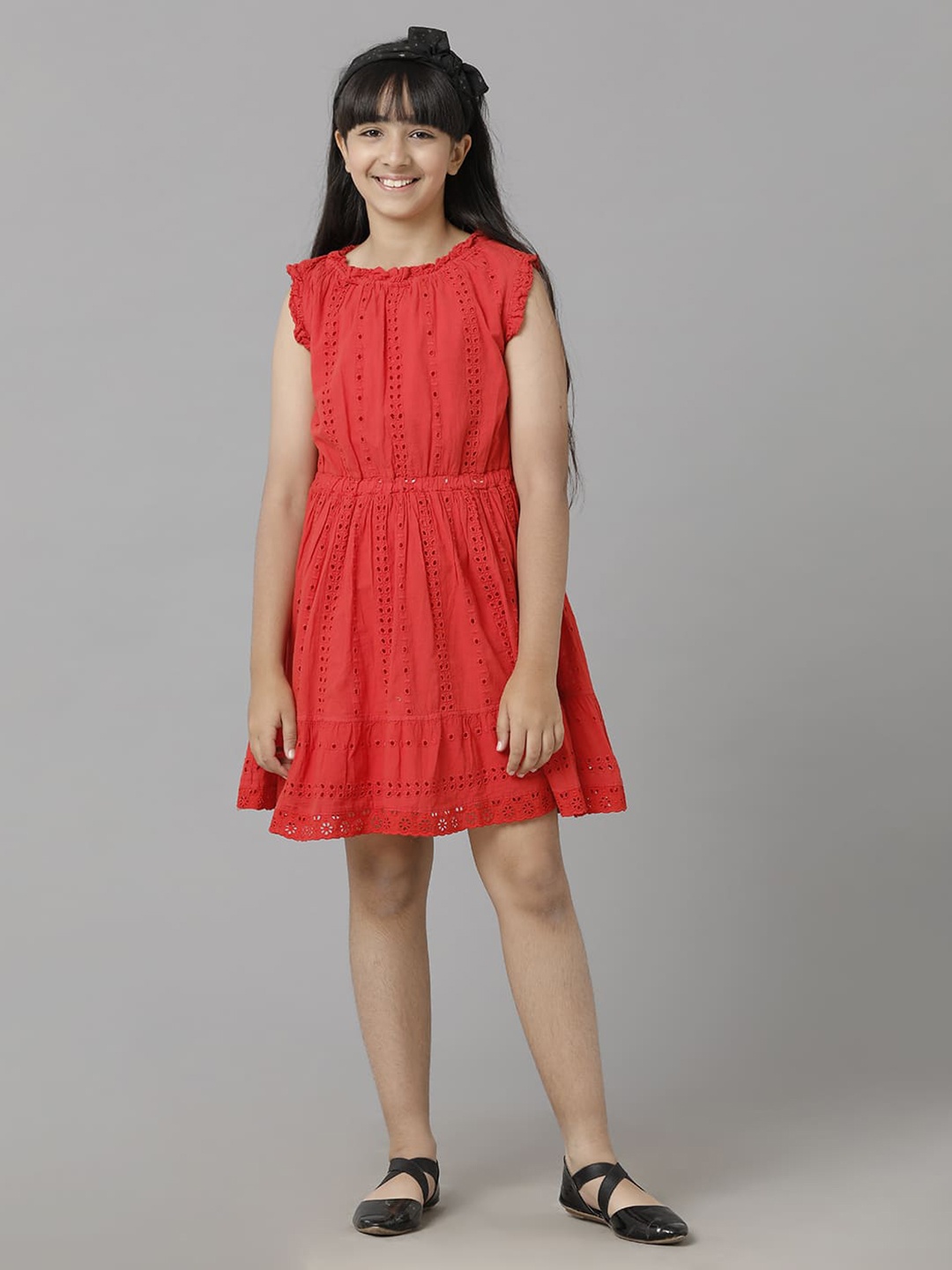 

UNDER FOURTEEN ONLY Girls Gathered Schiffli Fit & Flare Dress, Red