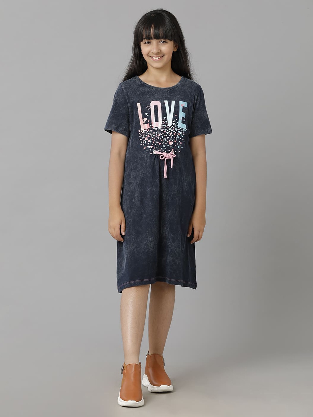 

UNDER FOURTEEN ONLY Girls Short Sleeves Tie-Up Denim T-shirt Dress, Blue