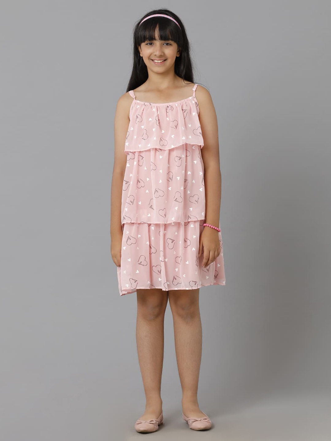 

UNDER FOURTEEN ONLY Girls Shoulder Straps Conversational Printed Layered A-Line Dress, Pink