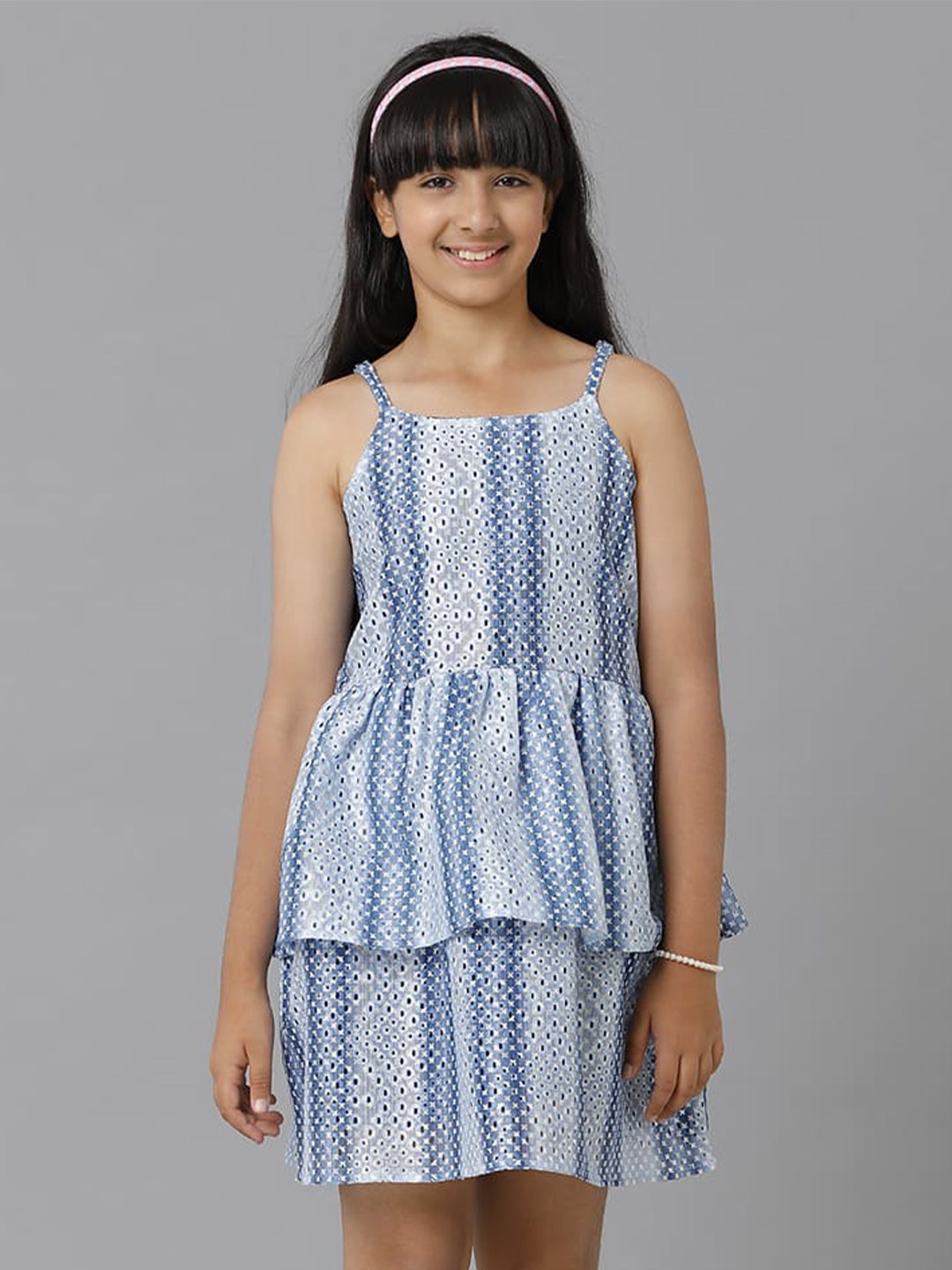 

UNDER FOURTEEN ONLY Girls Schiffli Shoulder Strap Layered Fit & Flare Dress, Blue