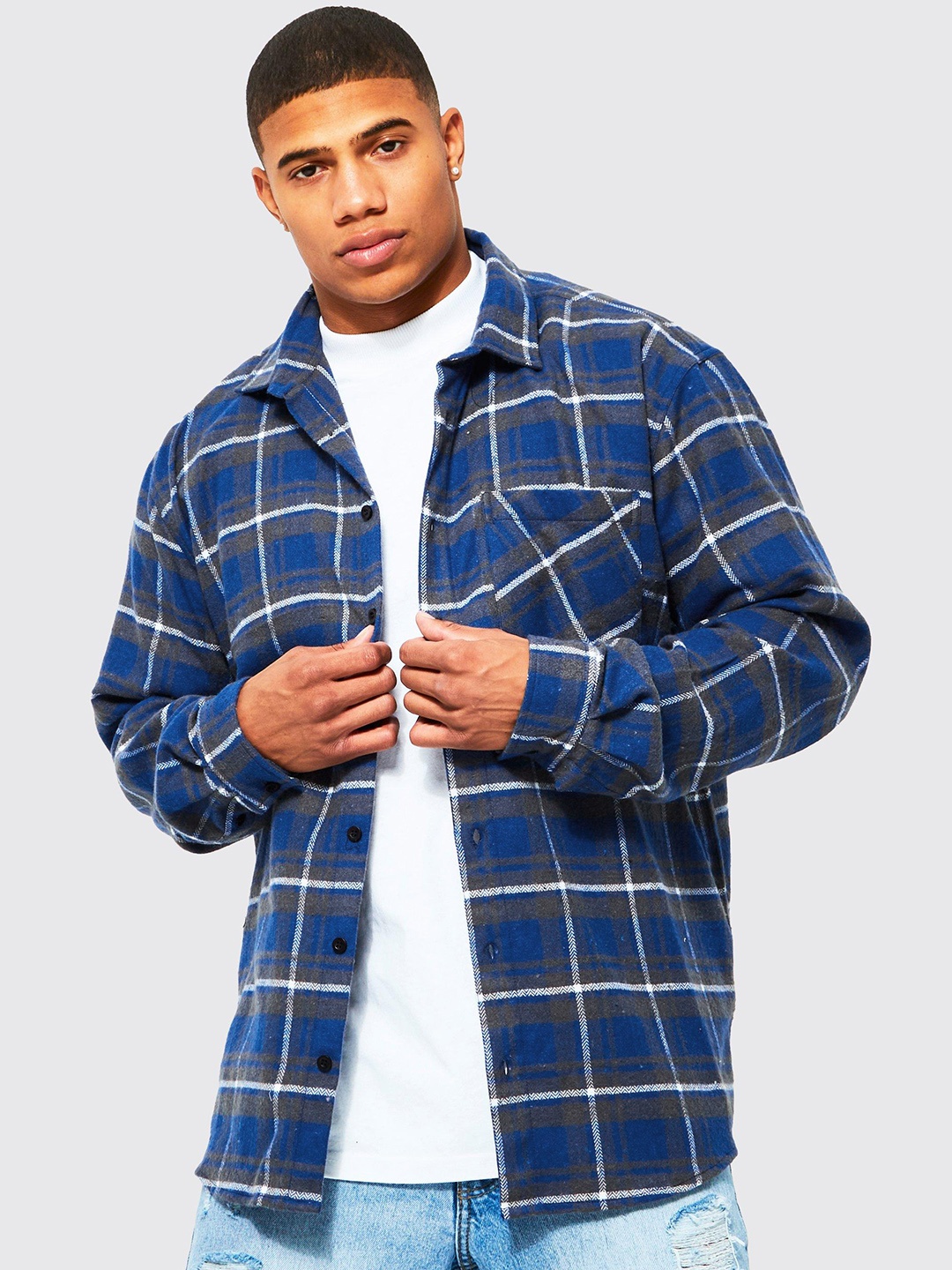 

boohooMAN Oversized Checked Pure Cotton Twill Casual Shirt, Blue