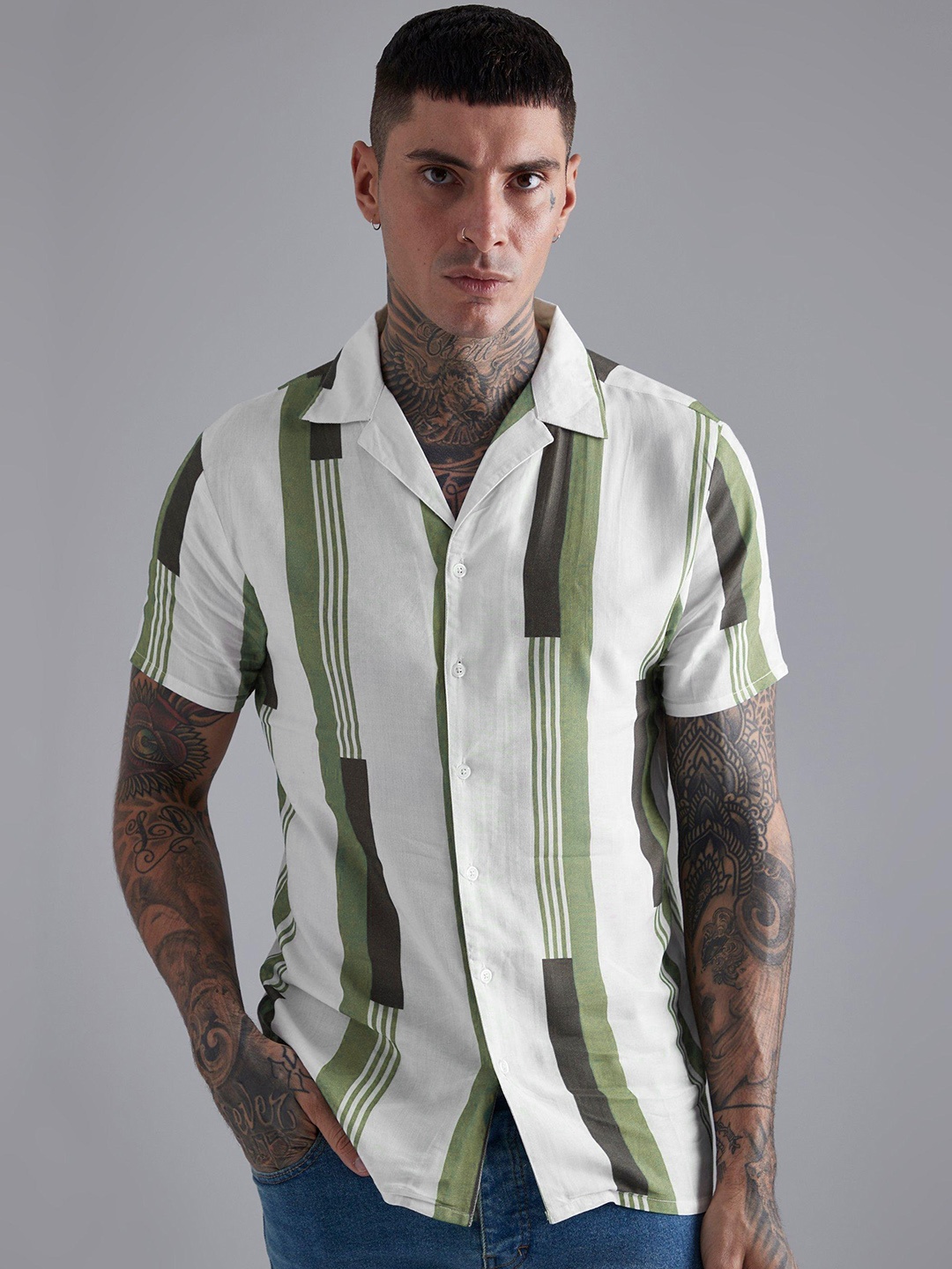 

boohooMAN Striped Casual Shirt, White