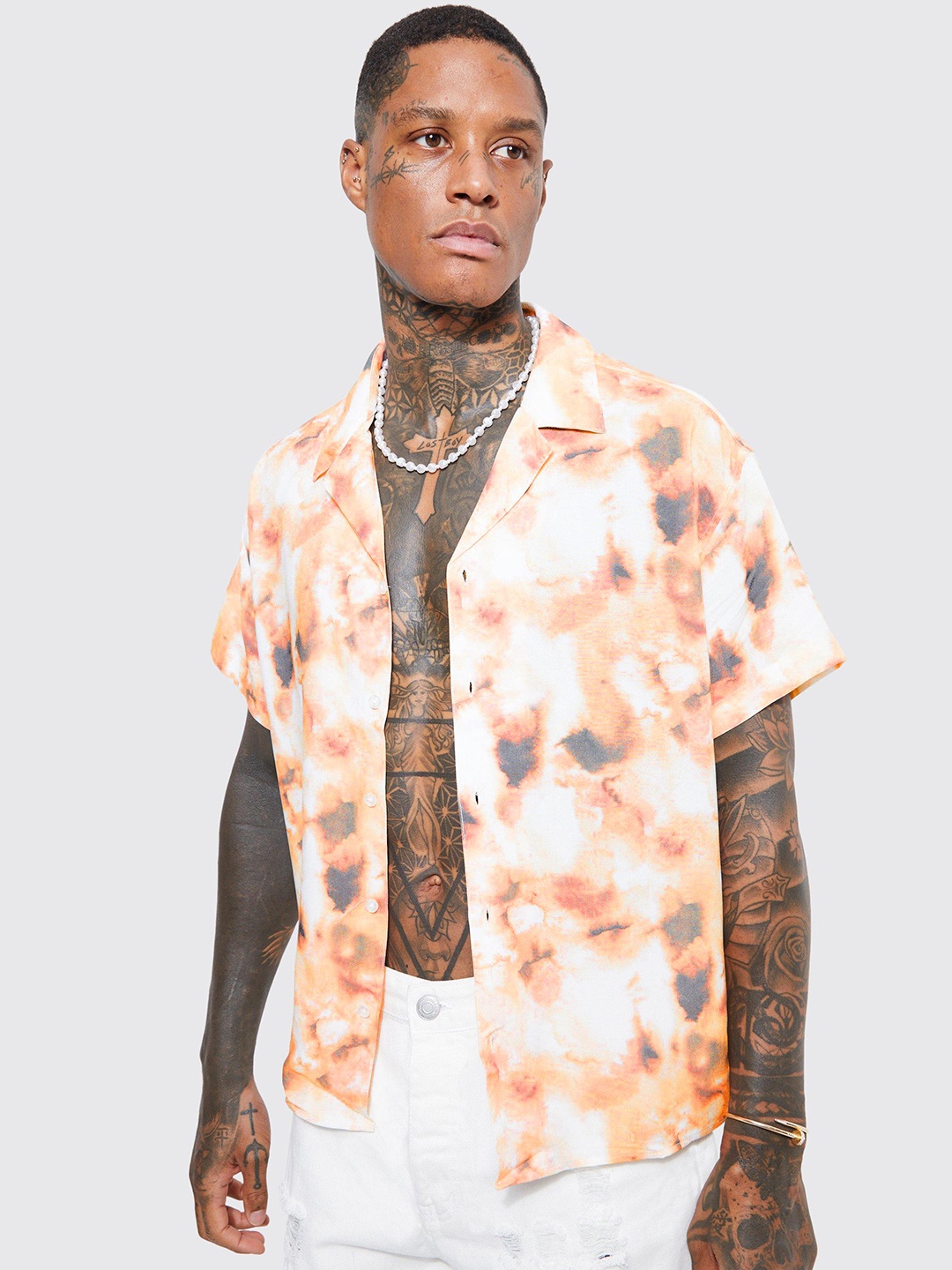 

boohooMAN Tie & Dyed Boxy Casual Shirt, Peach