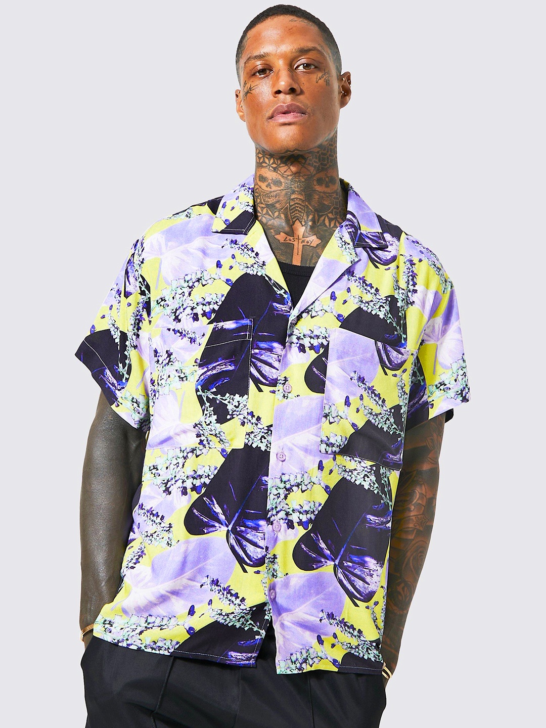 

boohooMAN Boxy Printed Casual Shirt, Lavender