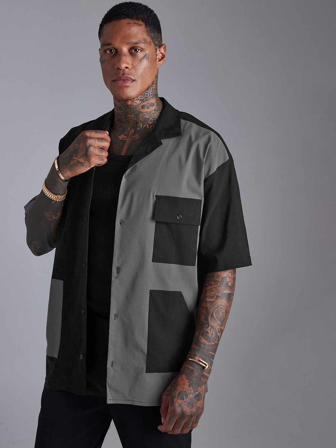 

boohooMAN Boxy Colourblocked Casual Shirt, Grey