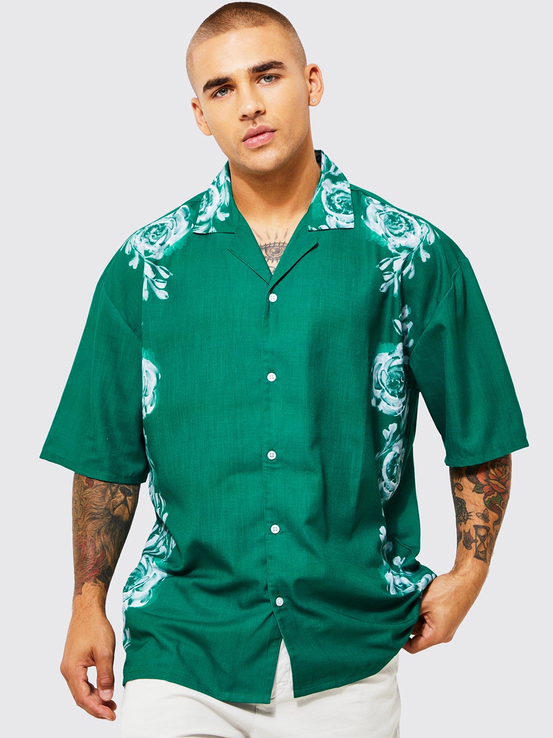 

boohooMAN Boxy Floral Printed Casual Shirt, Green