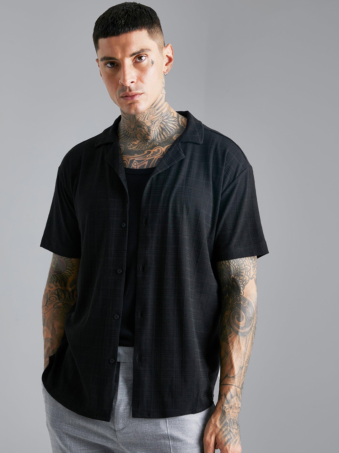 

boohooMAN Oversized Self Checked Jacquard Weave Pure Cotton Casual Shirt, Black