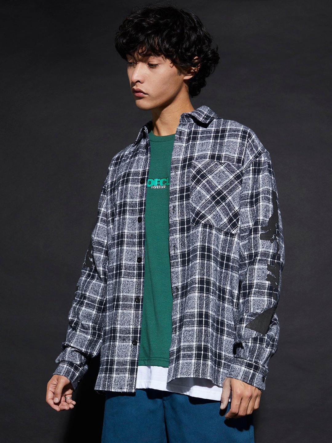 

boohooMAN Tartan Checked Oversized Shirt, Navy blue