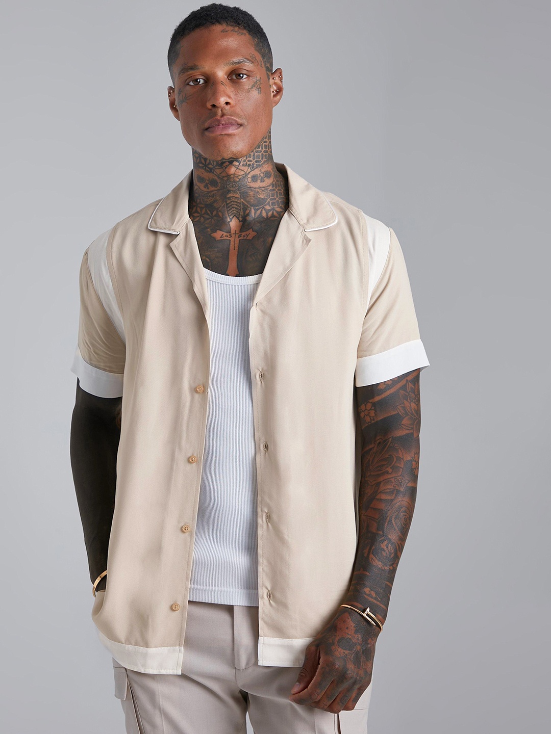 

boohooMAN Cuban Collar Casual Shirt, Cream