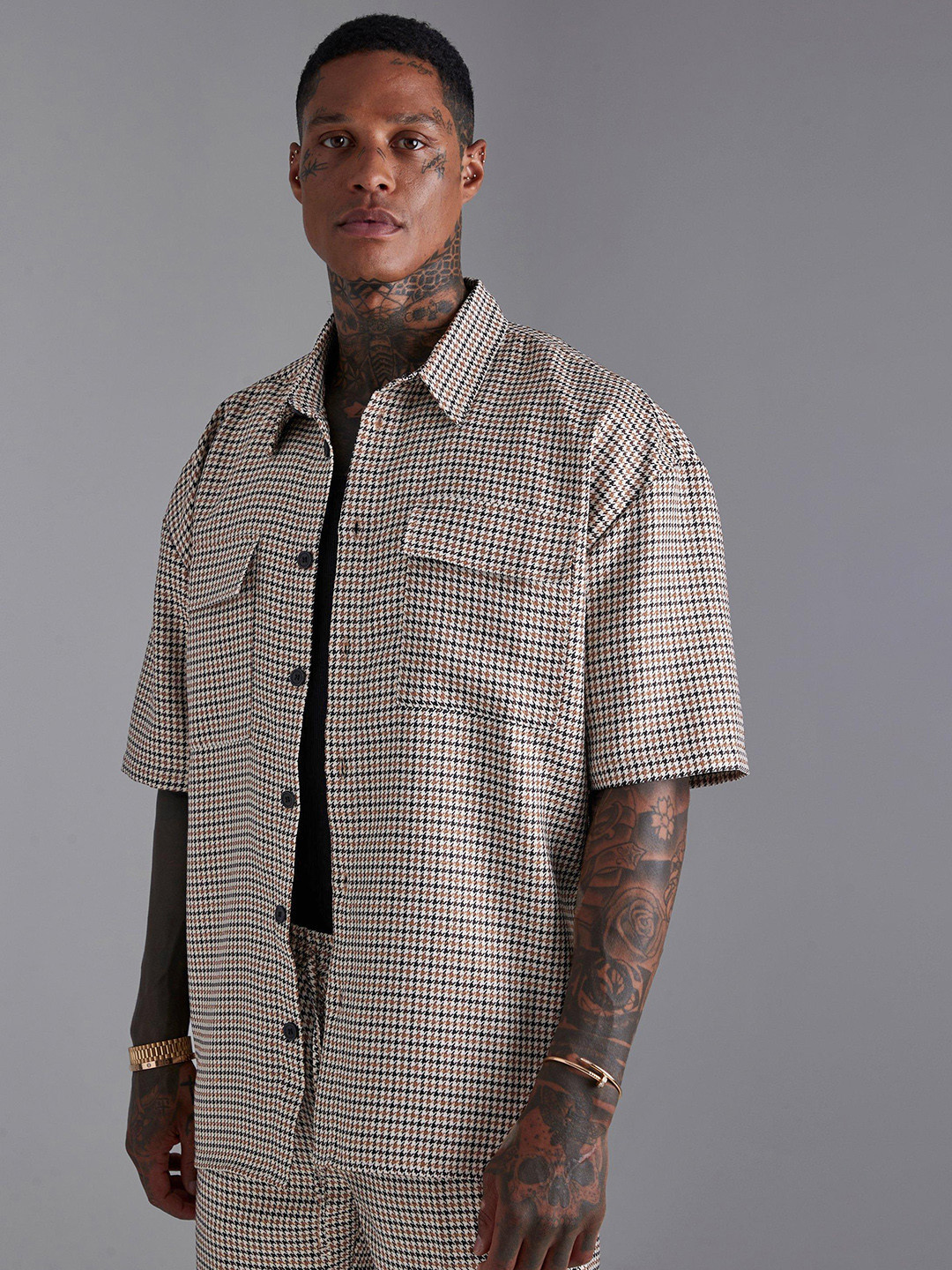 

boohooMAN Oversized Houndstooth Boxy Shirt, White