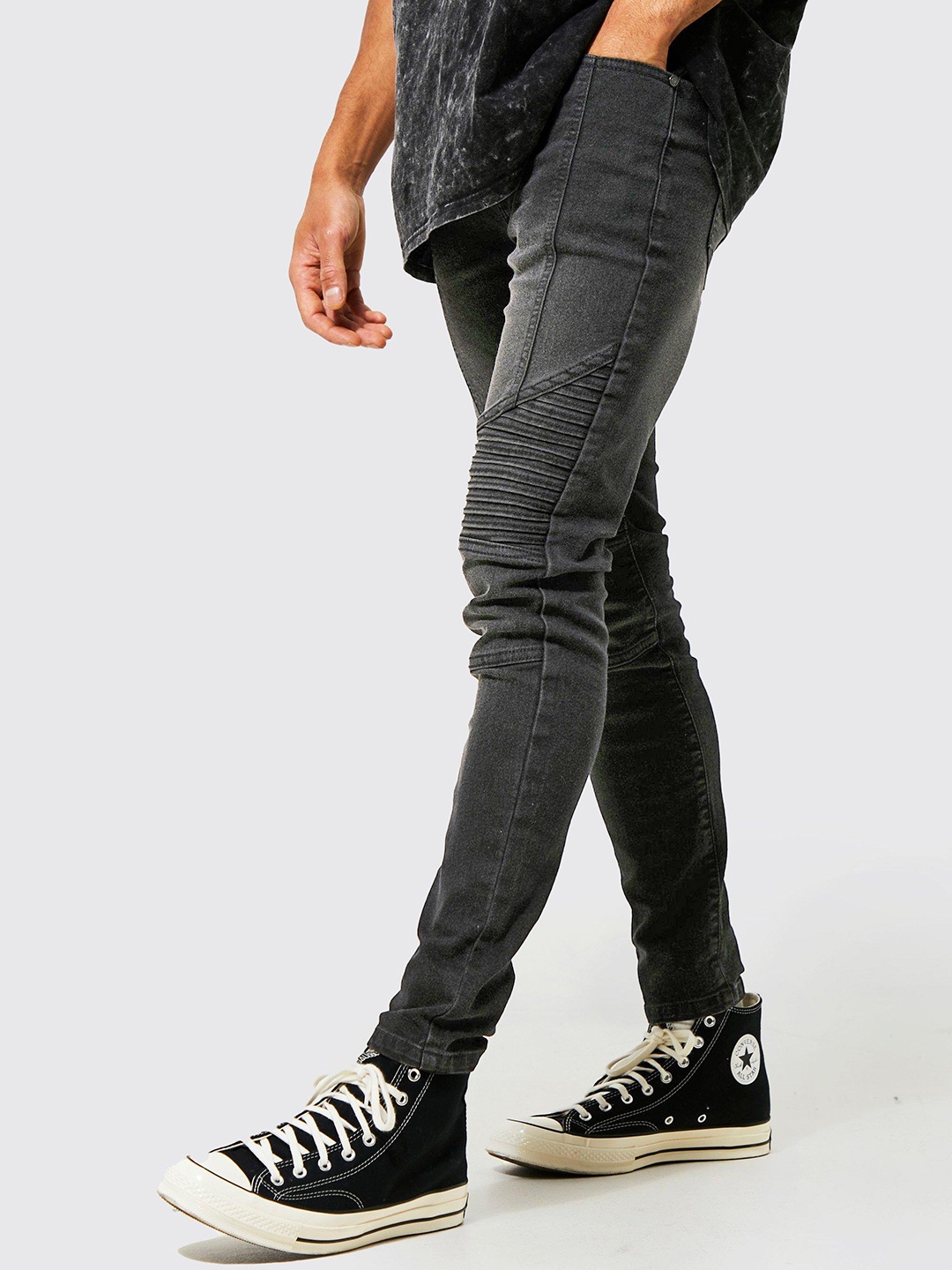 

boohooMAN Men Skinny Fit Stretchable Biker Jeans, Charcoal