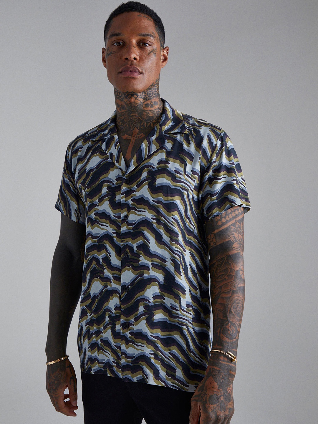 

boohooMAN Boxy Printed Casual Shirt, Blue