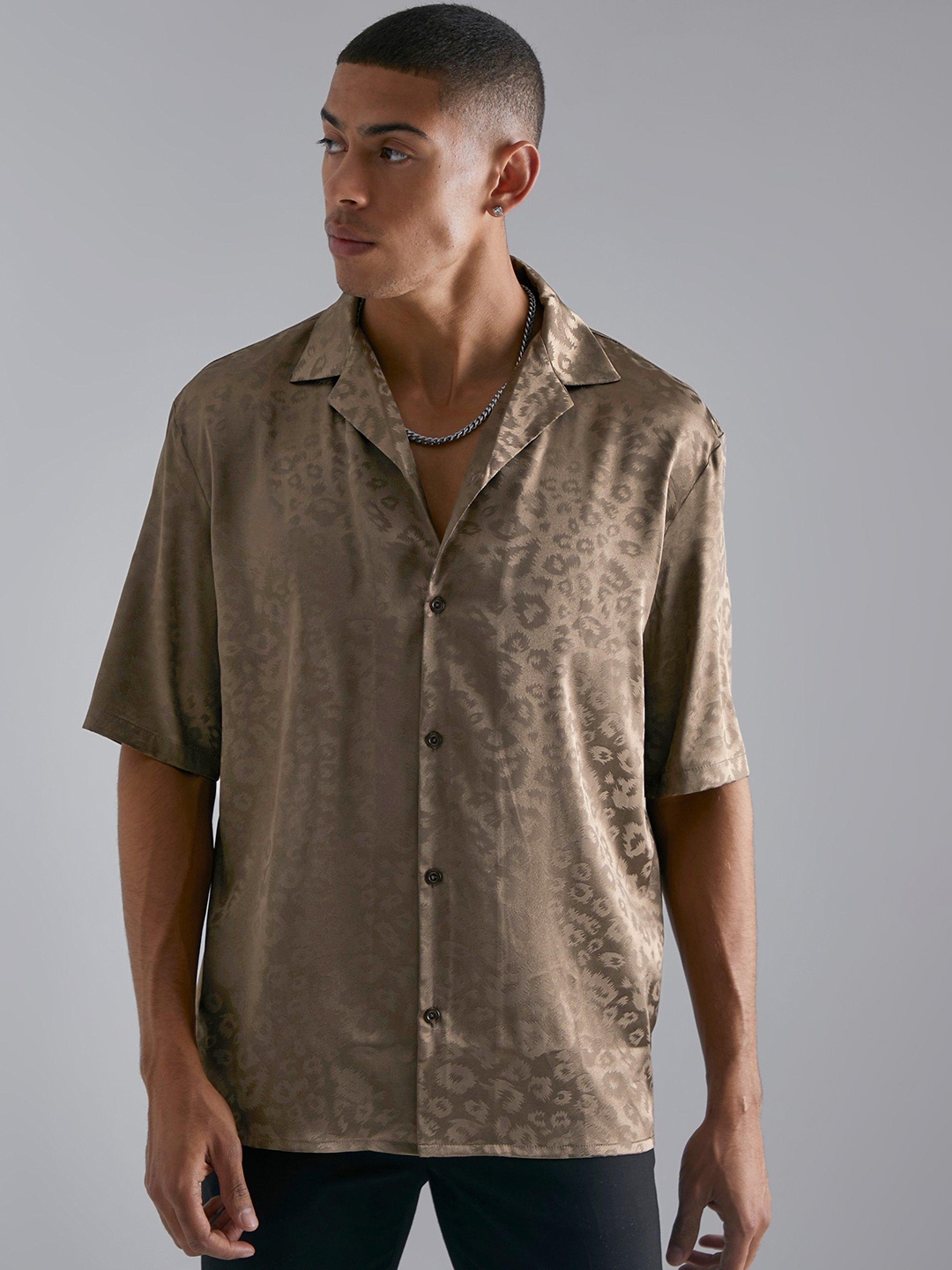 

boohooMAN Animal Jacquard Weave Casual Shirt, Olive