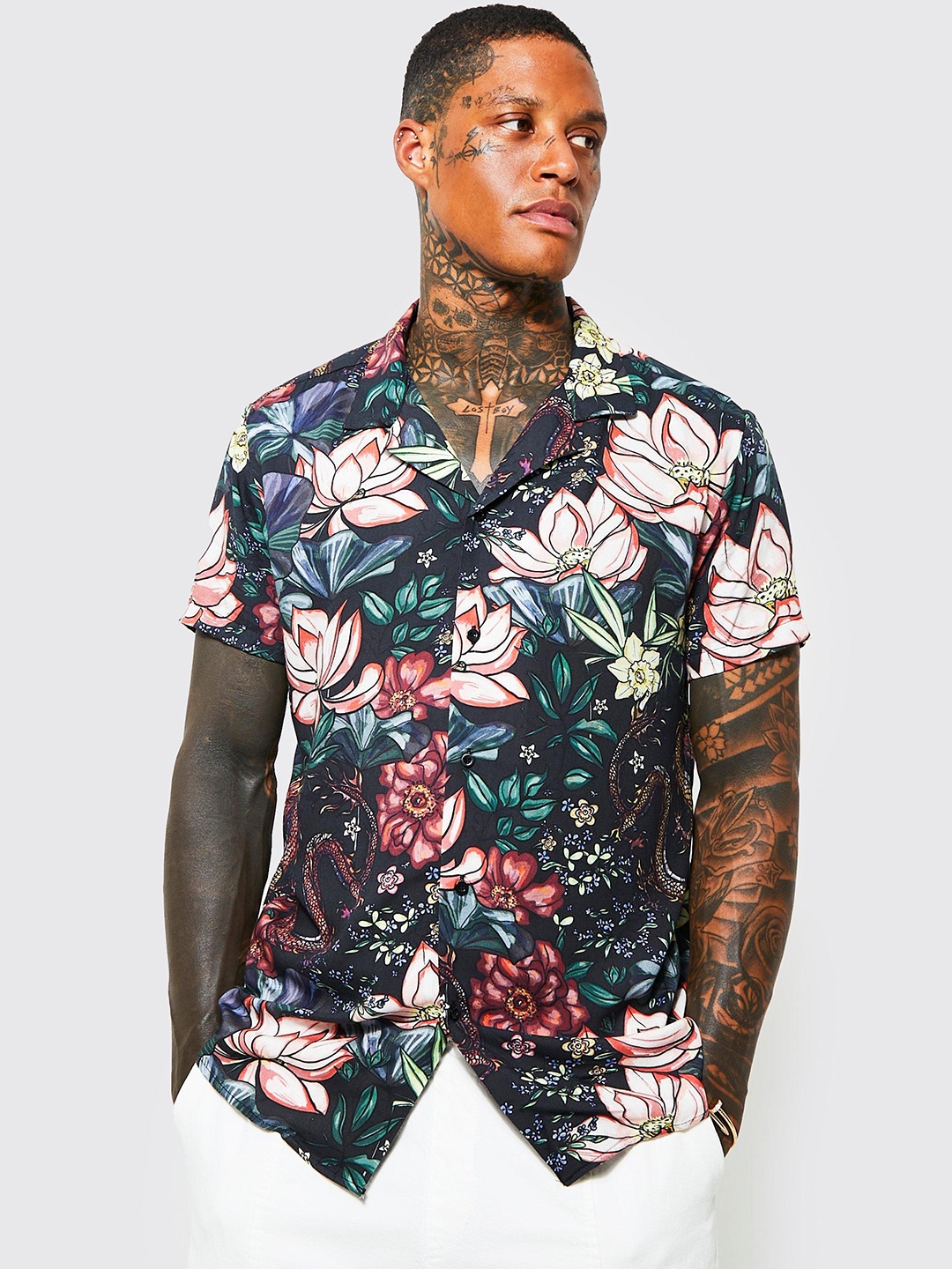 

boohooMAN Floral Printed Casual Shirt, Navy blue