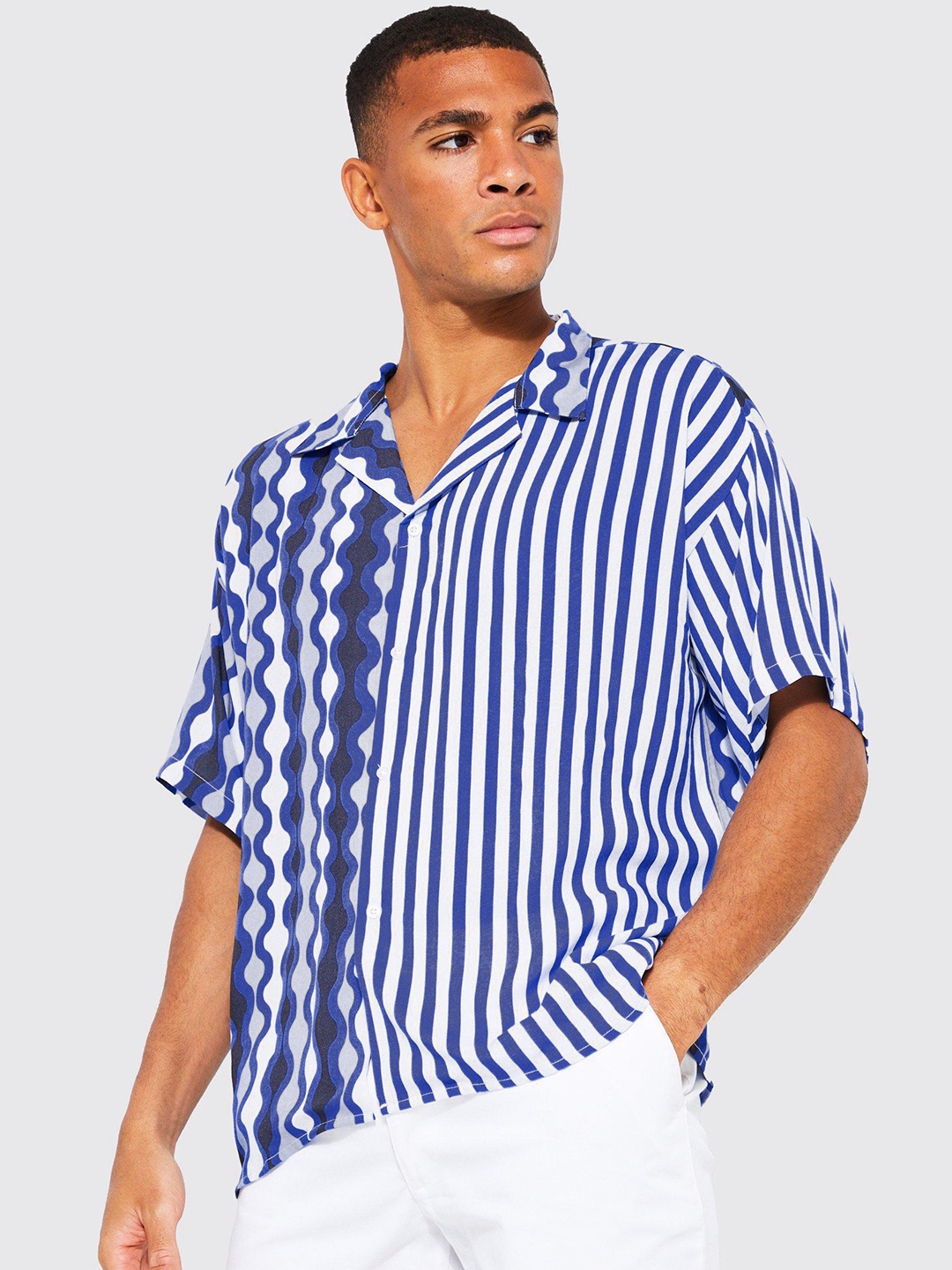 

boohooMAN Boxy Striped Casual Shirt, Blue