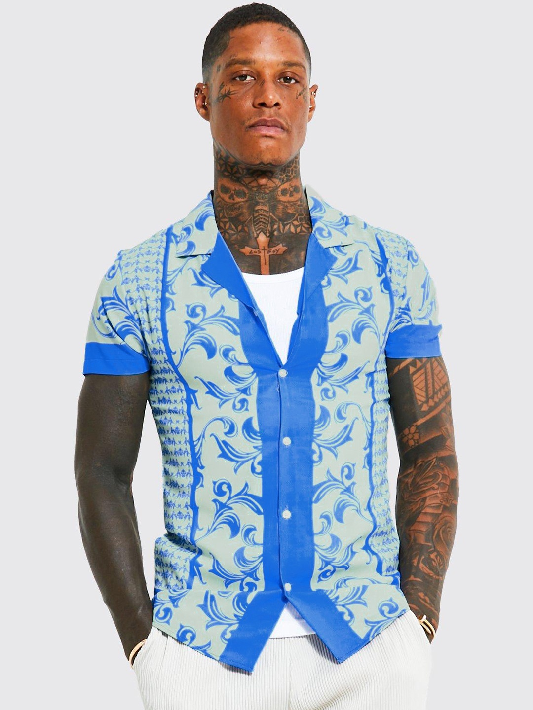 

boohooMAN Printed Cuban Collar Casual Shirt, Blue