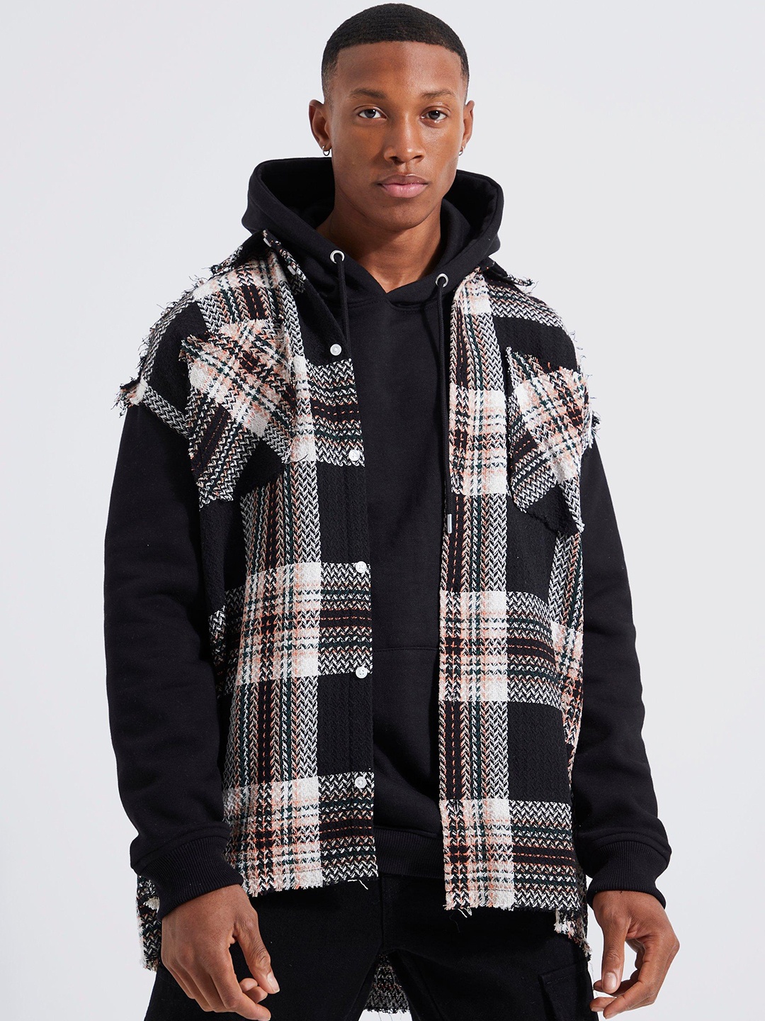 

boohooMAN Tartan Checked Faux Layer Shacket, Off white