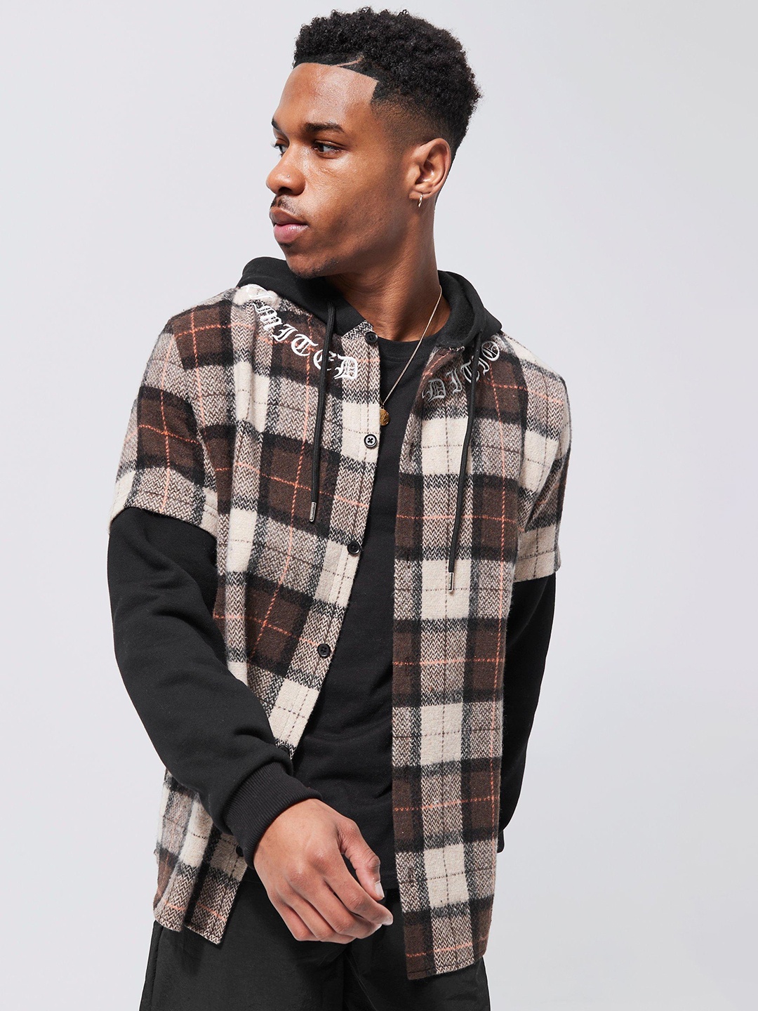 

boohooMAN Tartan Checked Faux Layer Hooded Shacket, Beige