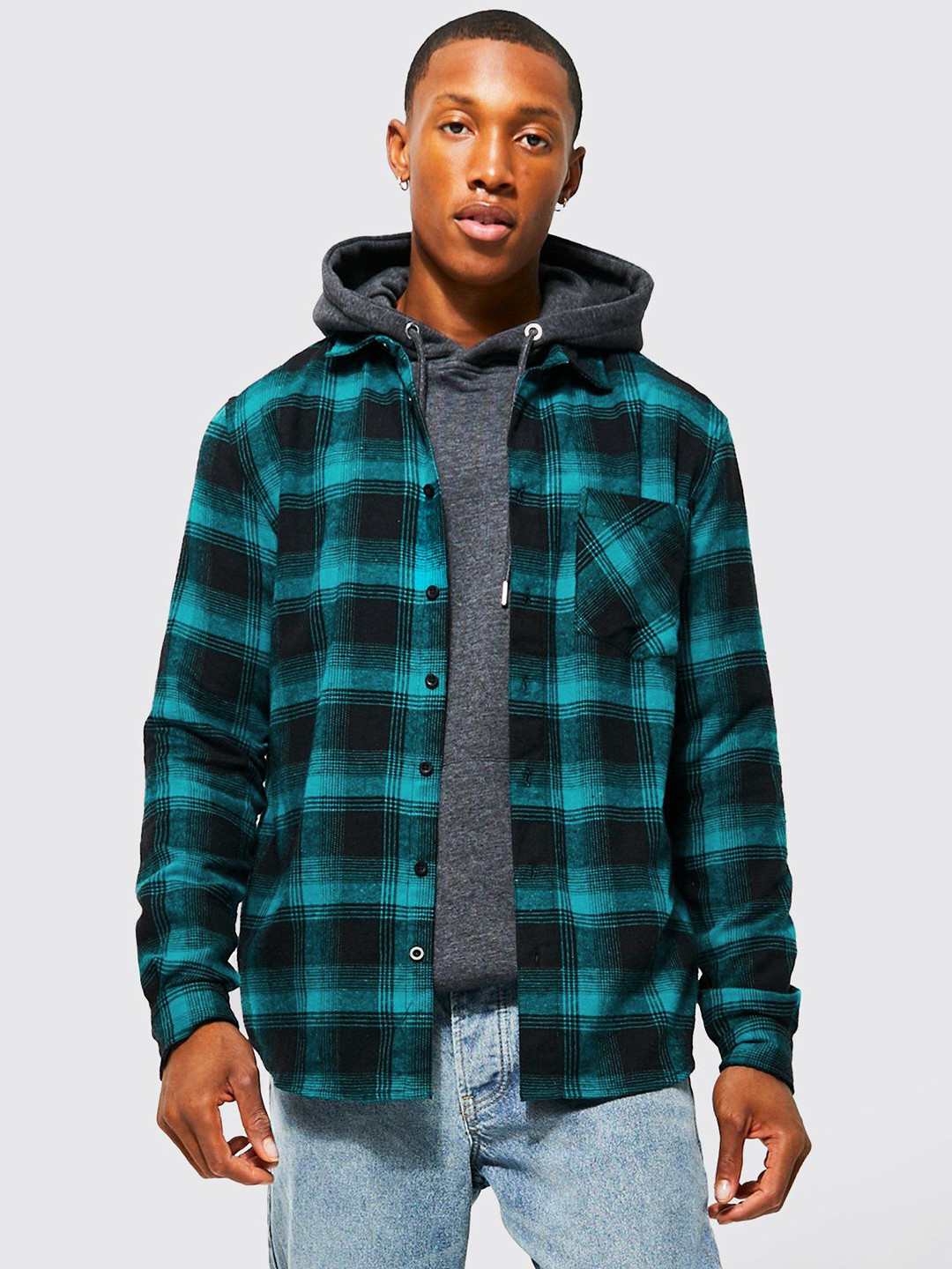 

boohooMAN Checked Twill Casual Shirt, Turquoise blue