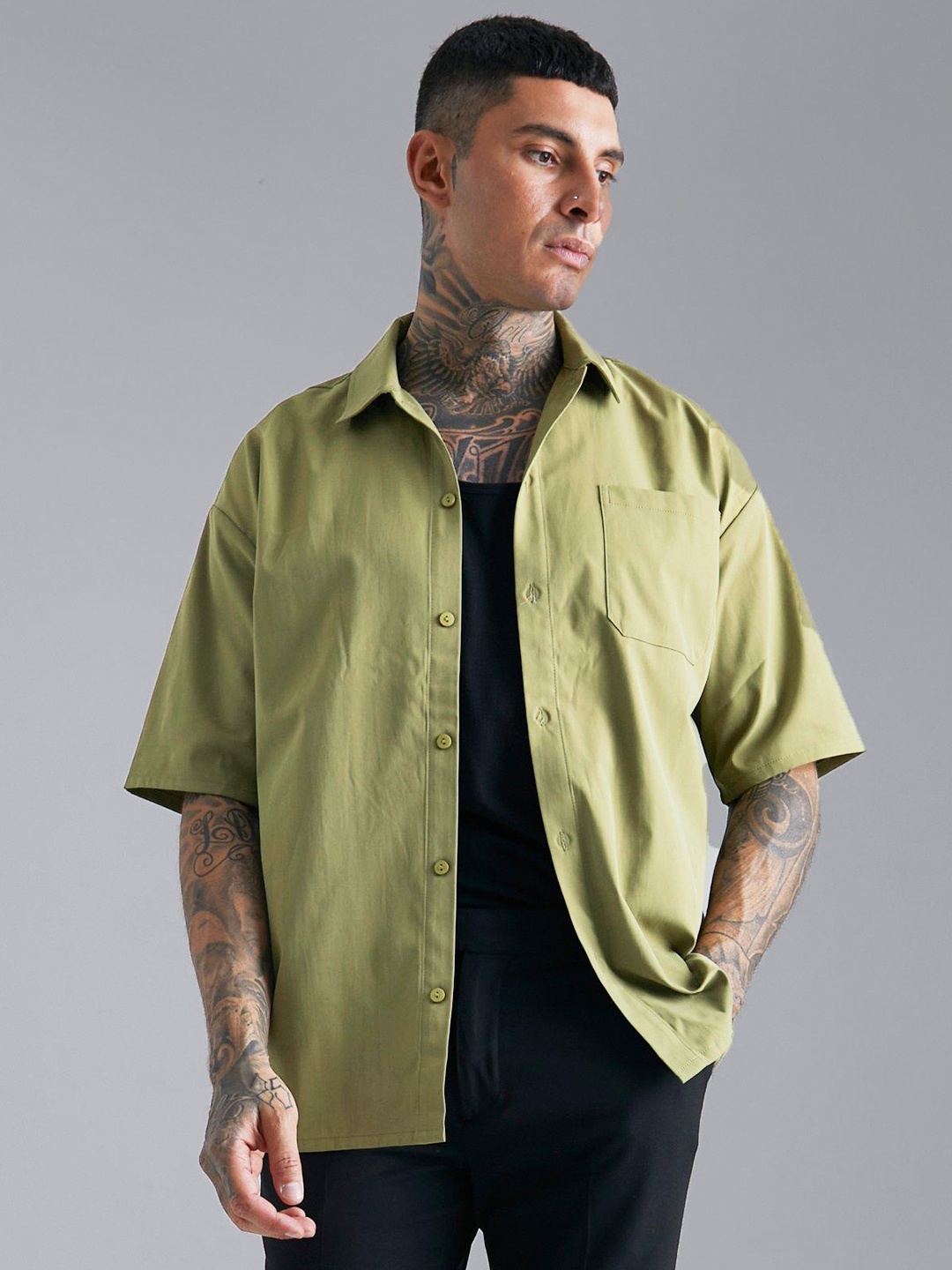 

boohooMAN Boxy Oversized Casual Shirt, Olive