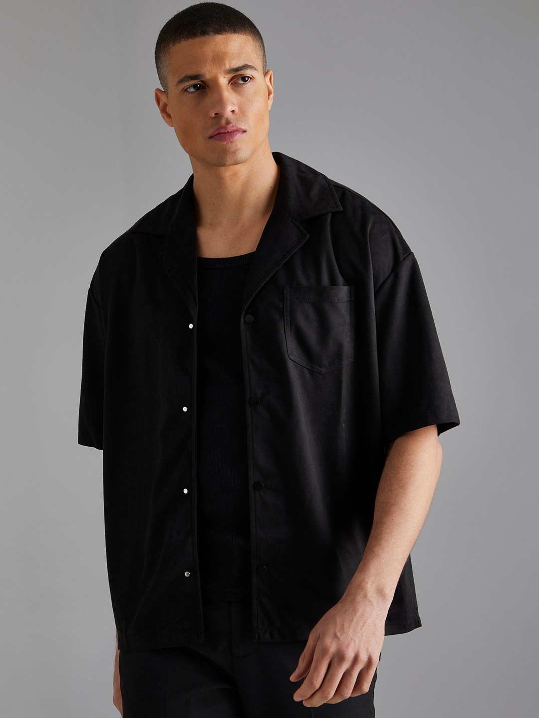 

boohooMAN Suede Boxy Casual Shirt, Black