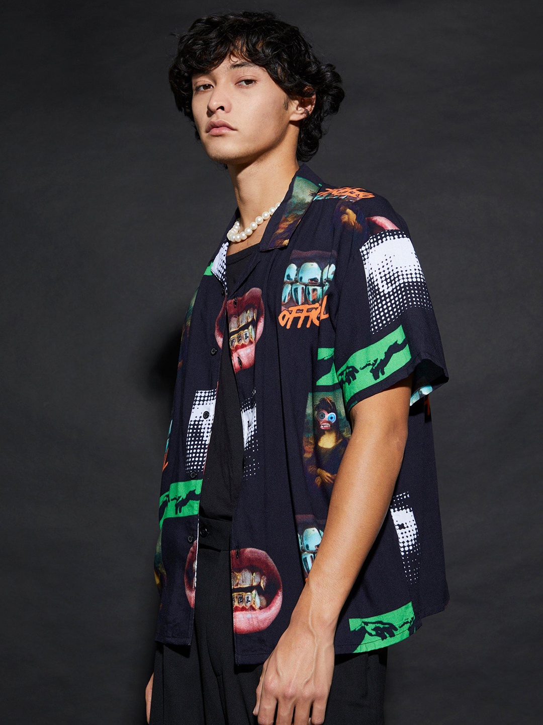 

boohooMAN Boxy Printed Casual Shirt, Navy blue