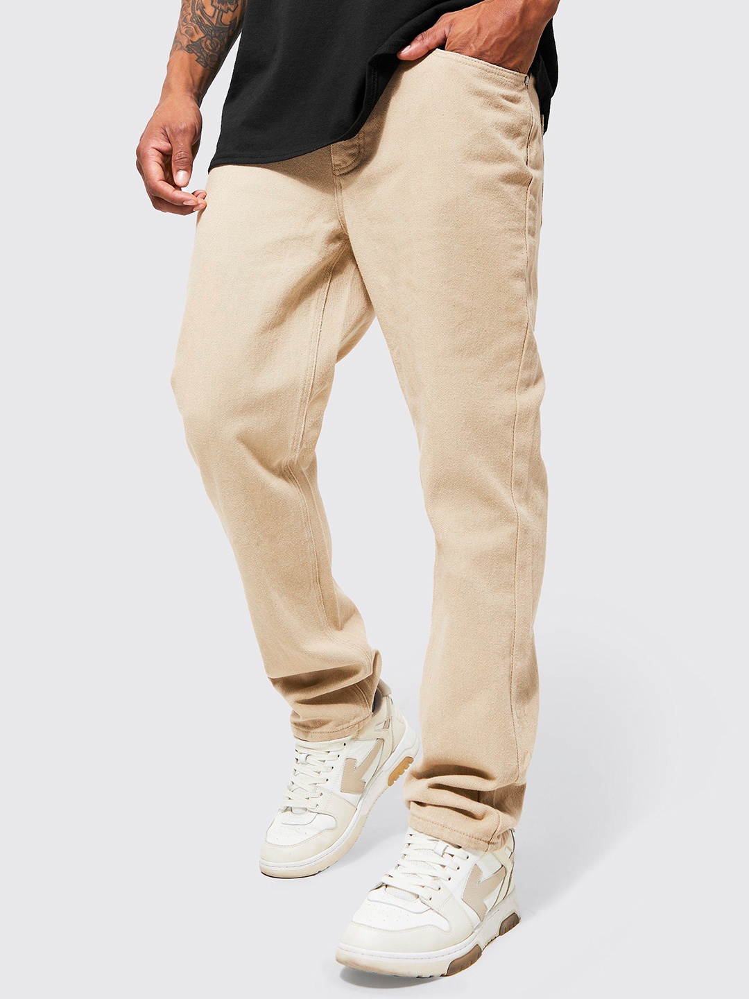 

boohooMAN Pure Cotton Straight Leg Rigid Jeans, Beige
